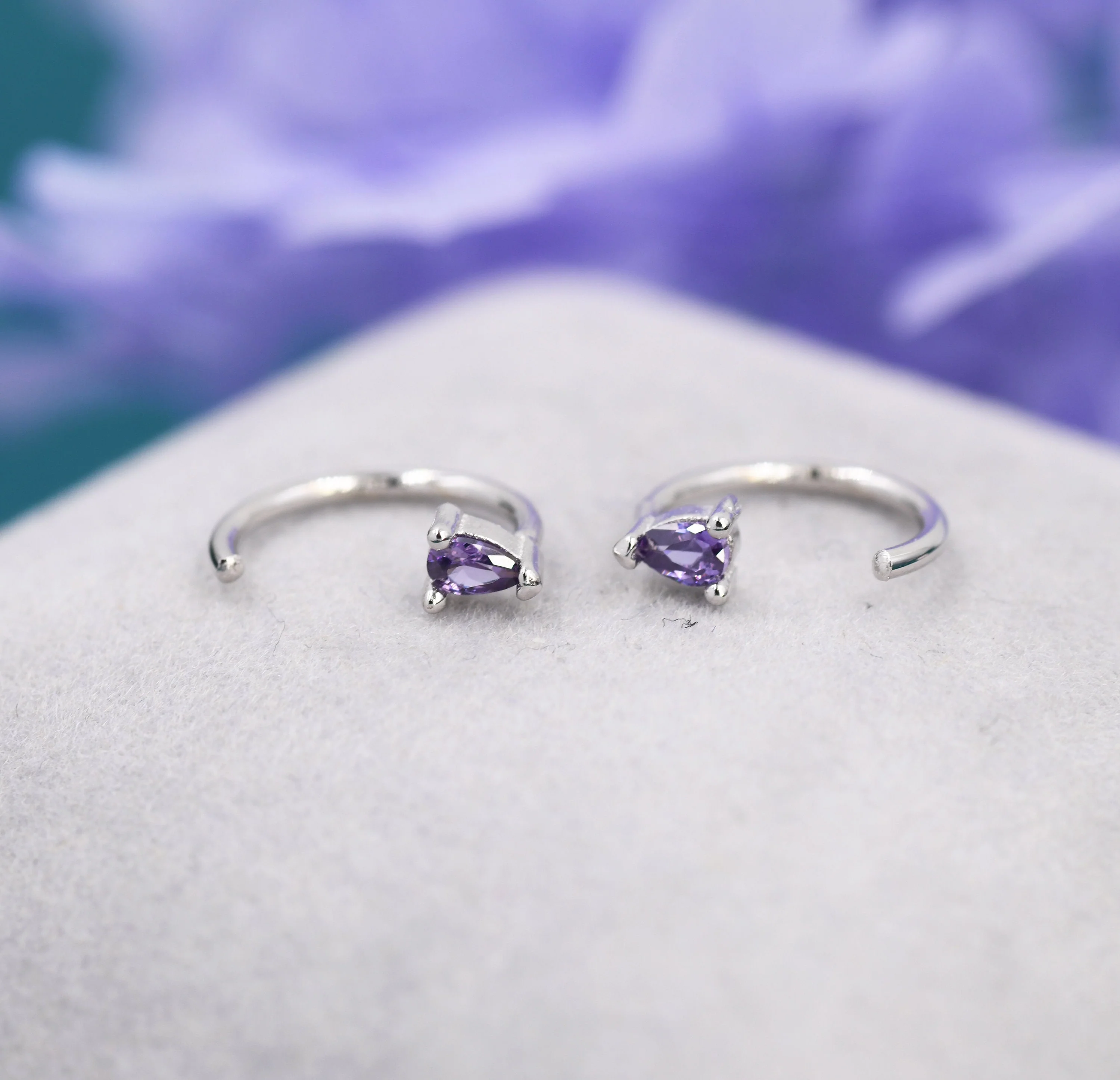 Amethyst Purple CZ Droplet Huggie Hoop Earrings in Sterling Silver, Tiny Purple Pear Cut CZ Open Hoops, Pull Through Threaders, Half Hoops - Image 4