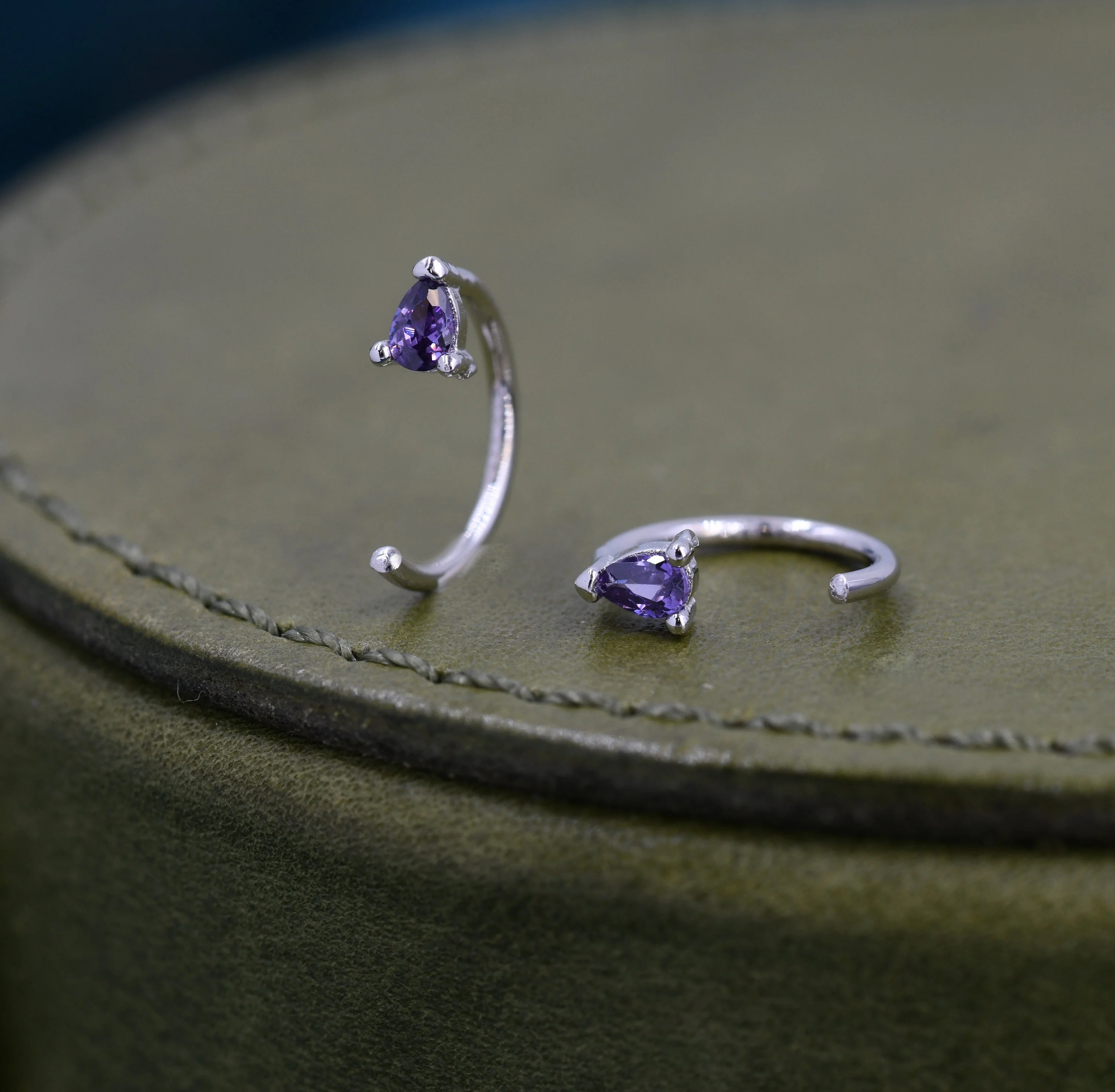 Amethyst Purple CZ Droplet Huggie Hoop Earrings in Sterling Silver, Tiny Purple Pear Cut CZ Open Hoops, Pull Through Threaders, Half Hoops - Image 5