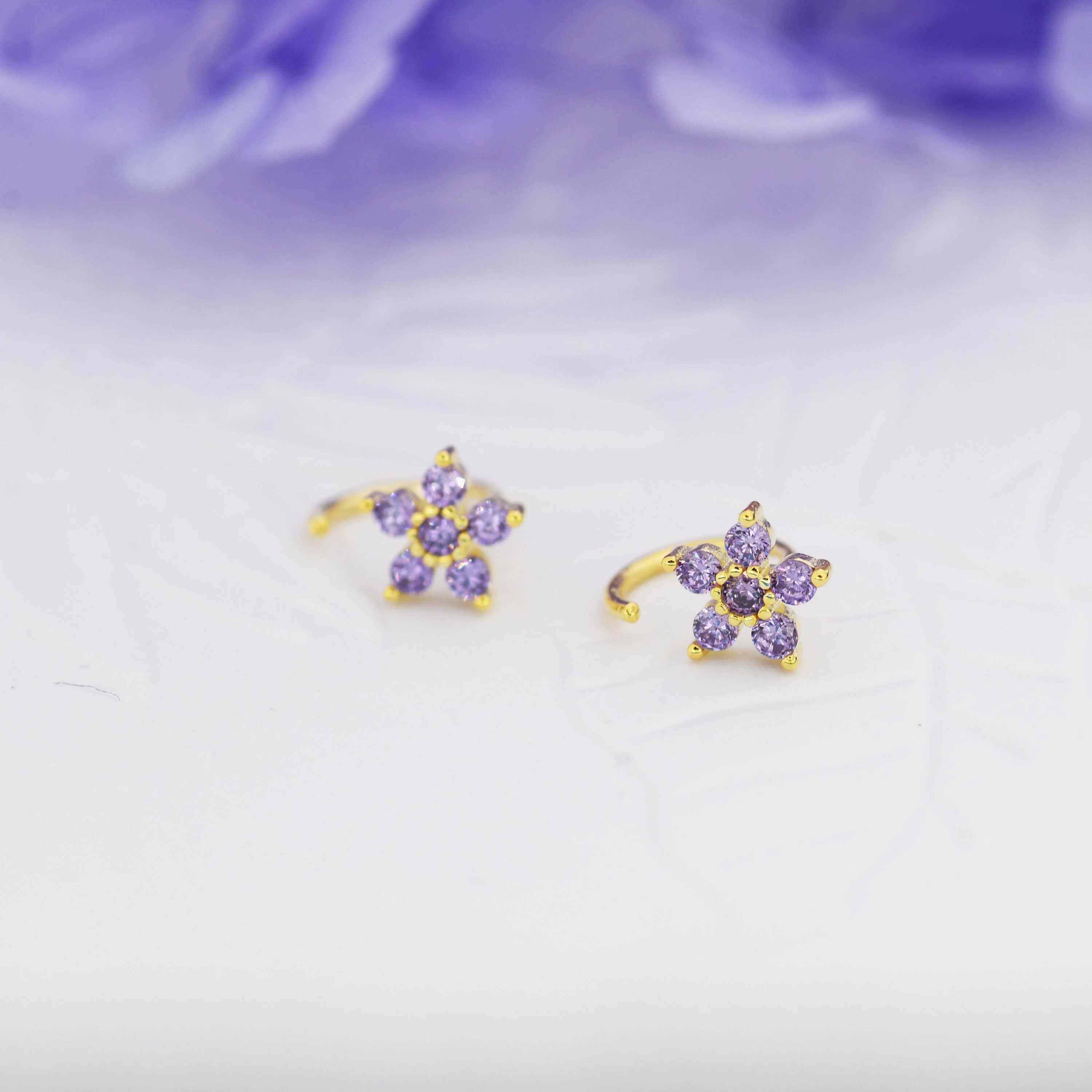 Amethyst Purple CZ Flower Huggie Hoop Earrings in Sterling Silver, Gold or Silver, CZ Flower Threader Hoop Earrings, Pull Through, C Shape - Image 6