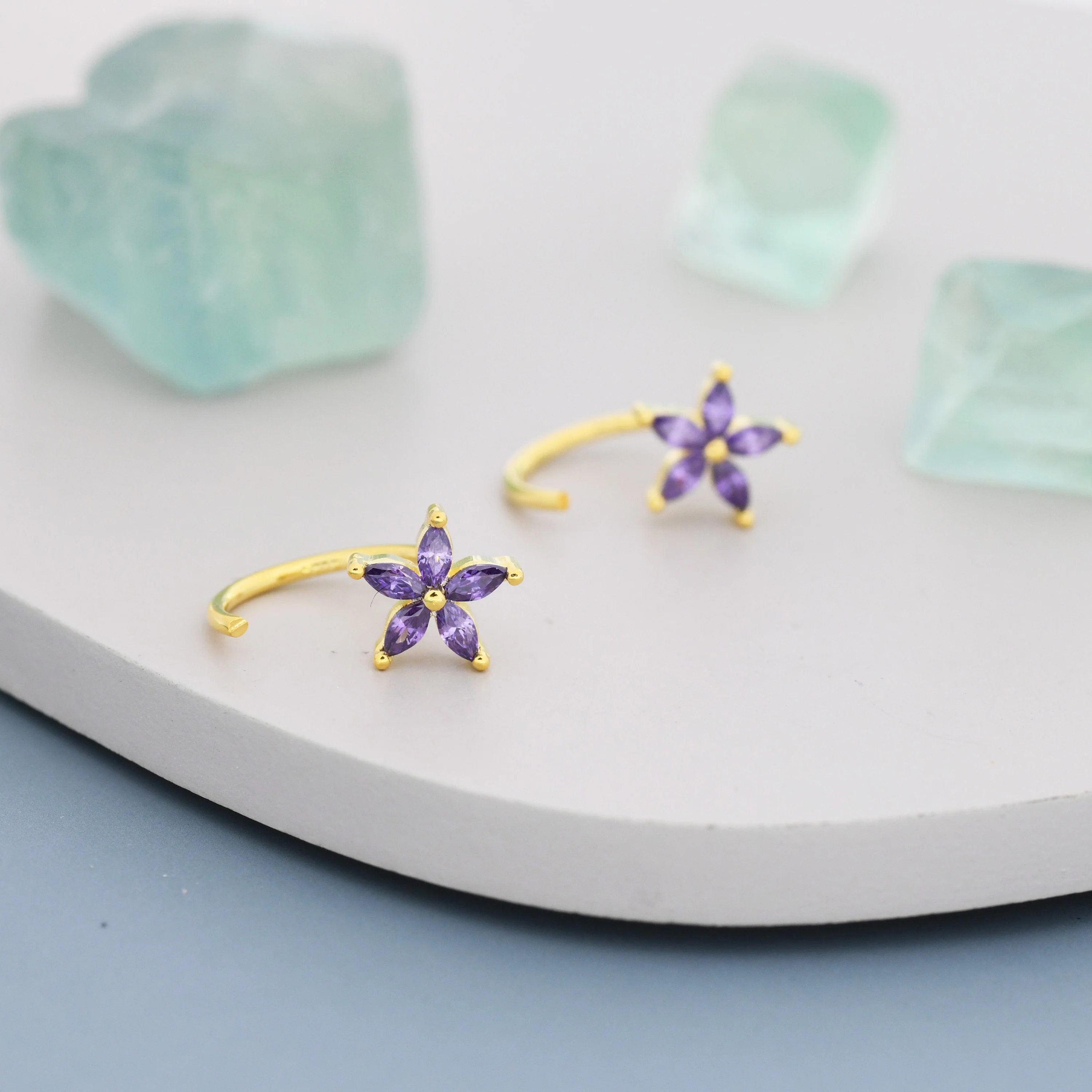 Amethyst Purple CZ Flower Huggie Hoop Earrings in Sterling Silver, Gold or Silver, Marquise CZ Flower Threader Hoop Earrings, Pull Through - Image 6