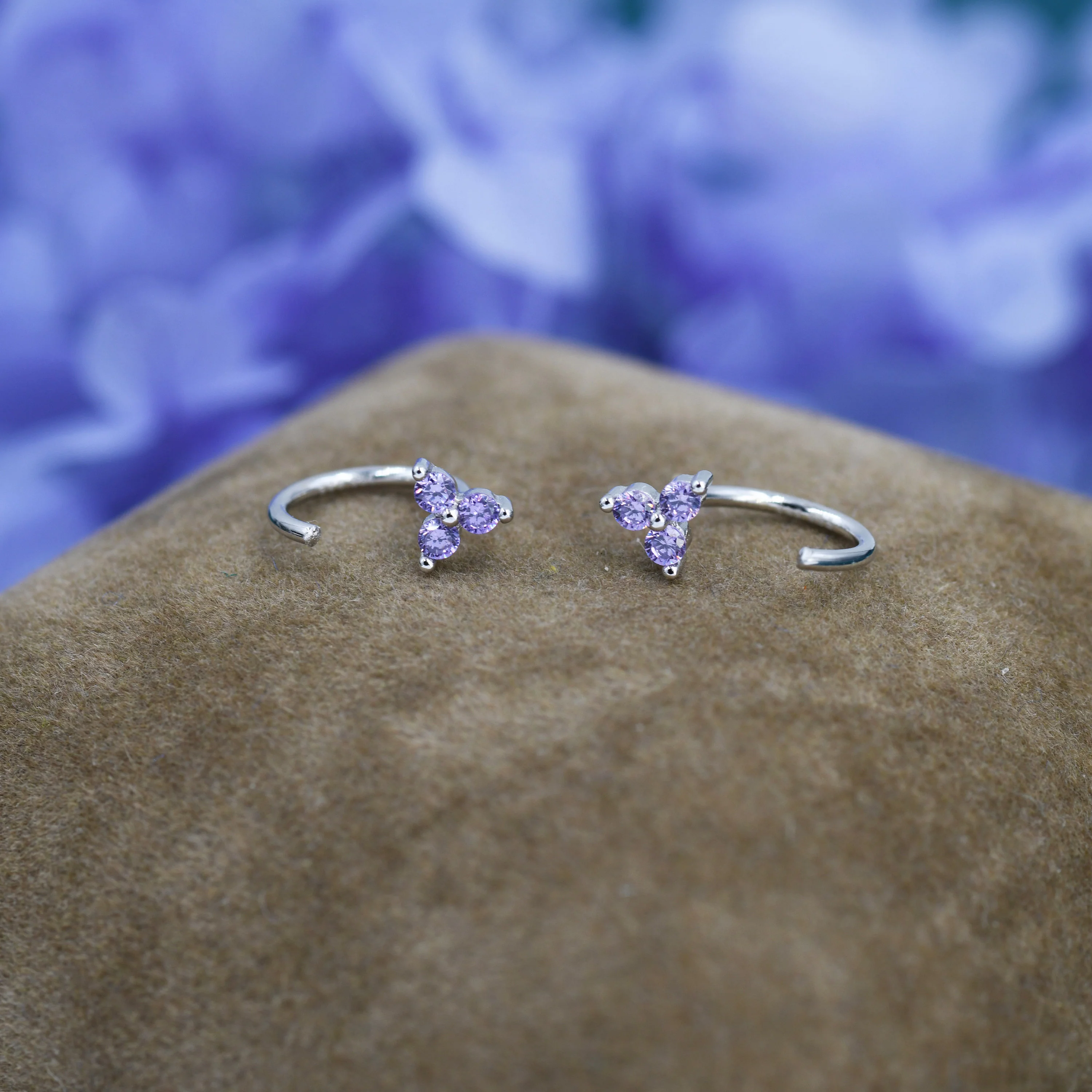 Amethyst Purple CZ Flower Huggie Hoop Earrings in Sterling Silver, Tiny CZ Trio Open Hoops, Pull Through Threaders, Half Hoops, C Shape - Image 4