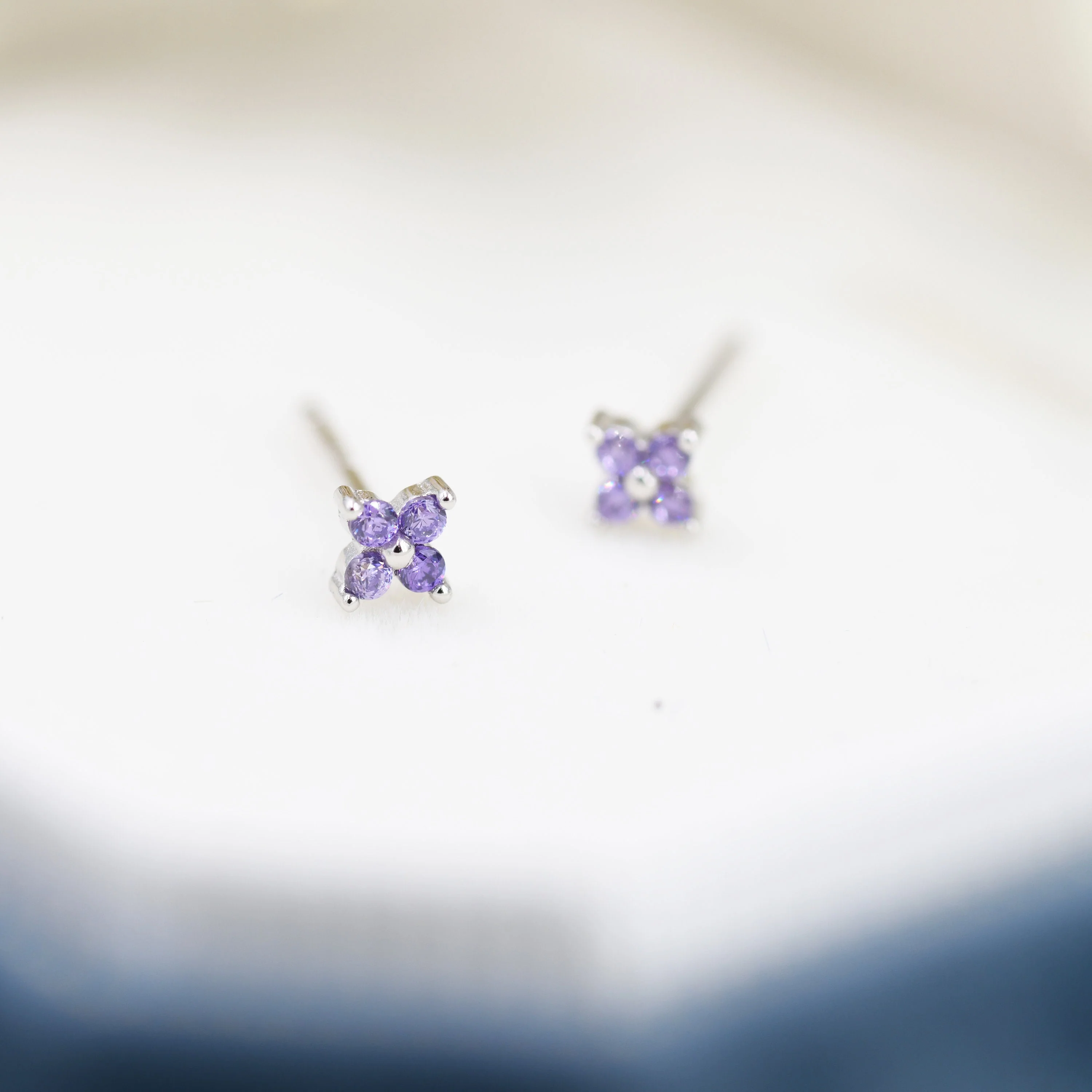 Amethyst Purple CZ Flower Stud Earrings in Sterling Silver, Crystal Flower Earrings, Hydrangea Flower Stud, Four Crystal Stud - Image 5