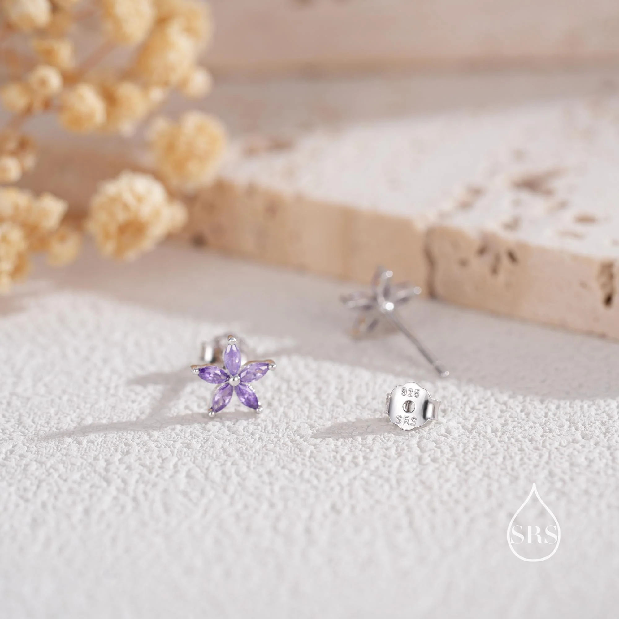 Amethyst Purple CZ Flower Stud Earrings in Sterling Silver, Silver or Gold, Marquise Crystal Earrings - Image 5
