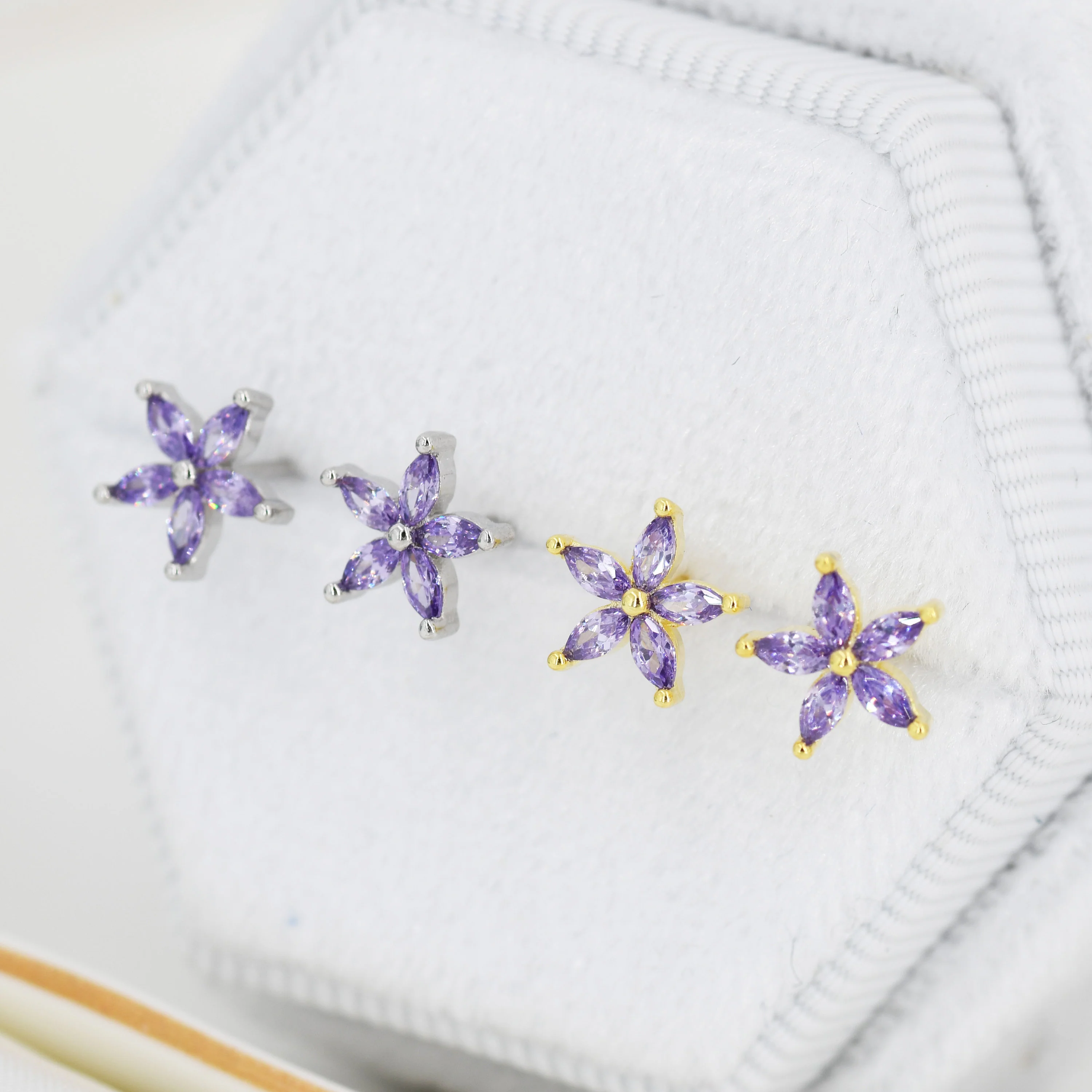 Amethyst Purple CZ Flower Stud Earrings in Sterling Silver, Silver or Gold, Marquise Crystal Earrings - Image 8