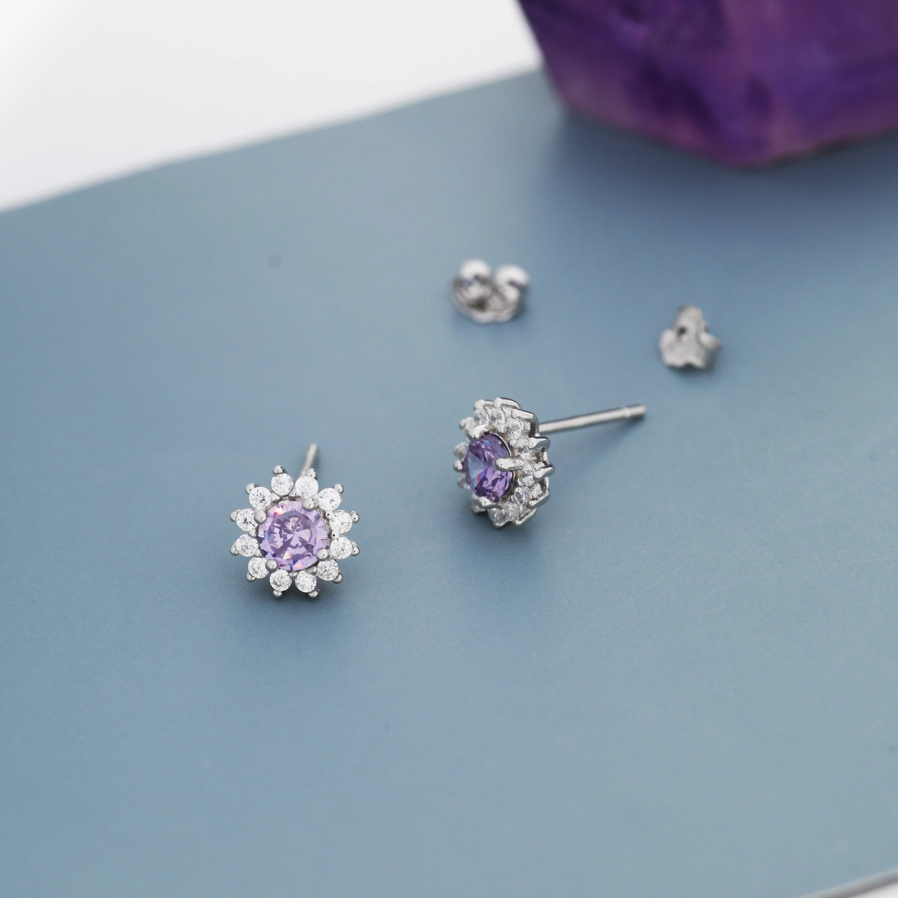 Amethyst Purple CZ Halo Stud Earrings in Sterling Silver, Silver or Gold, February Birthstone Earrings, Flower CZ Earrings - Image 2