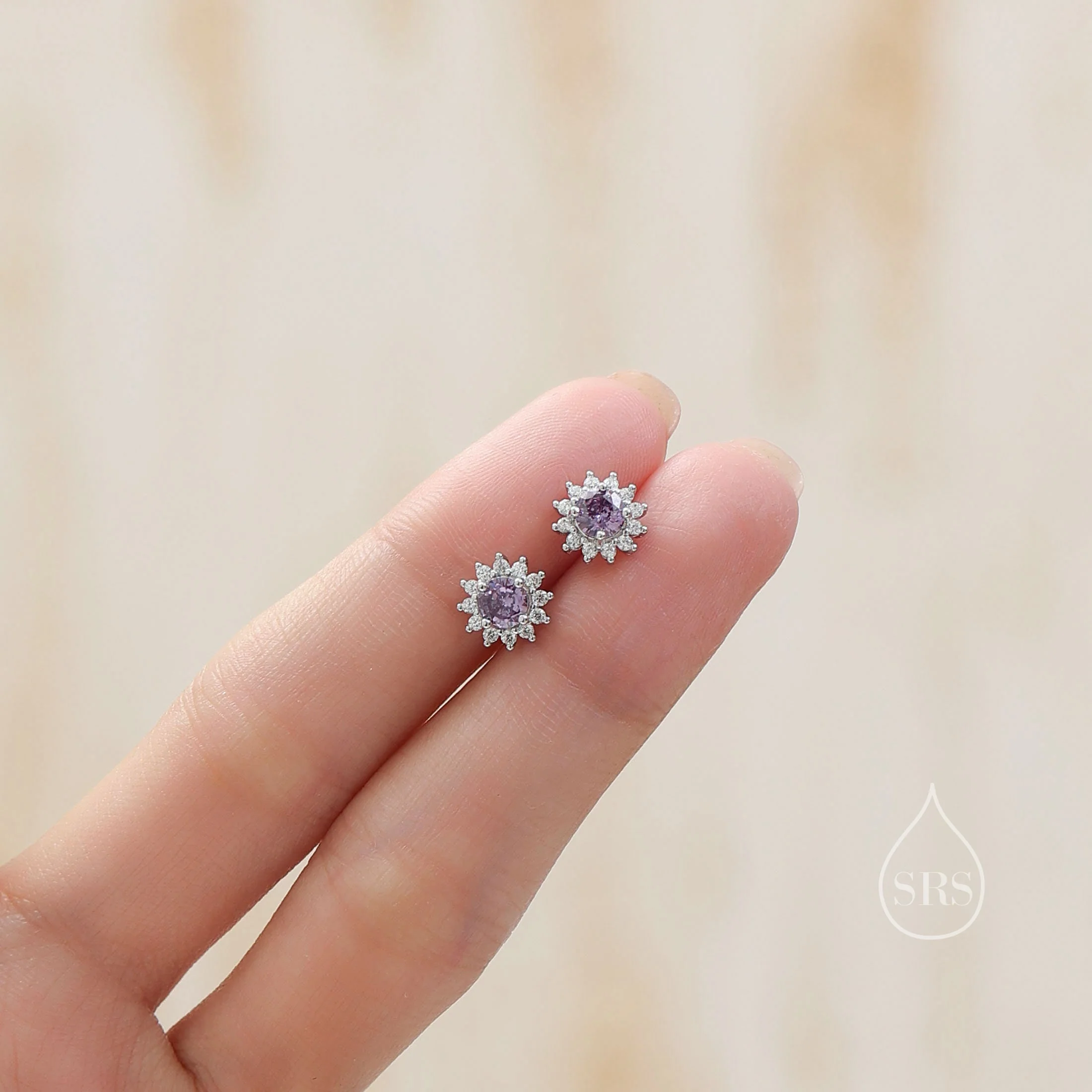 Amethyst Purple CZ Halo Stud Earrings in Sterling Silver, Silver or Gold, February Birthstone Earrings, Flower CZ Earrings - Image 4