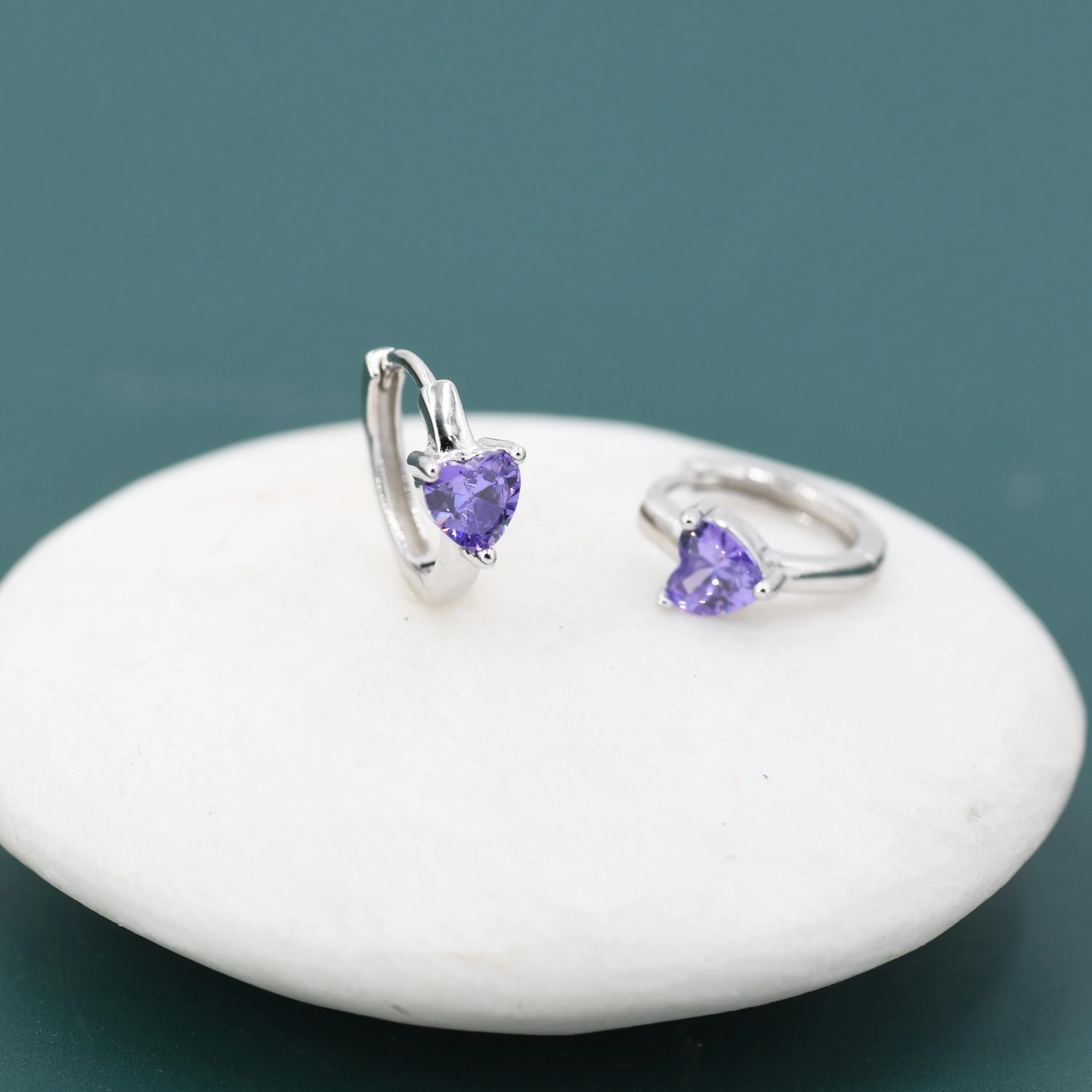 Amethyst Purple CZ Heart Huggie Hoop in Sterling Silver, Silver or Gold, 8mm Inner Diameter, Stacking Earrings