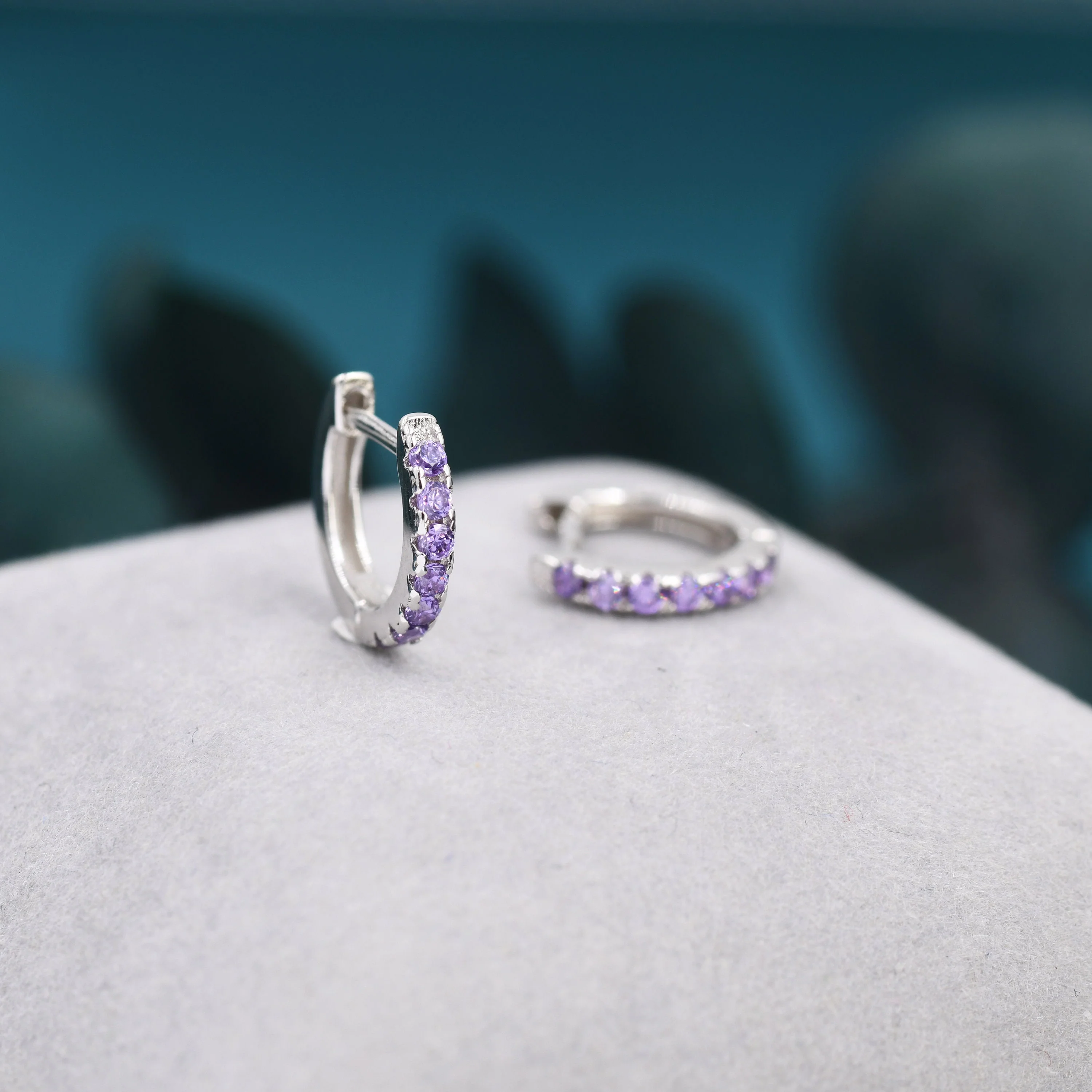 Amethyst Purple CZ Huggie Hoops in Sterling Silver, Silver or Gold, Minimalist Hoop Earrings, 8mm Hoops, Purple Hoops, February Birthstone - Image 3