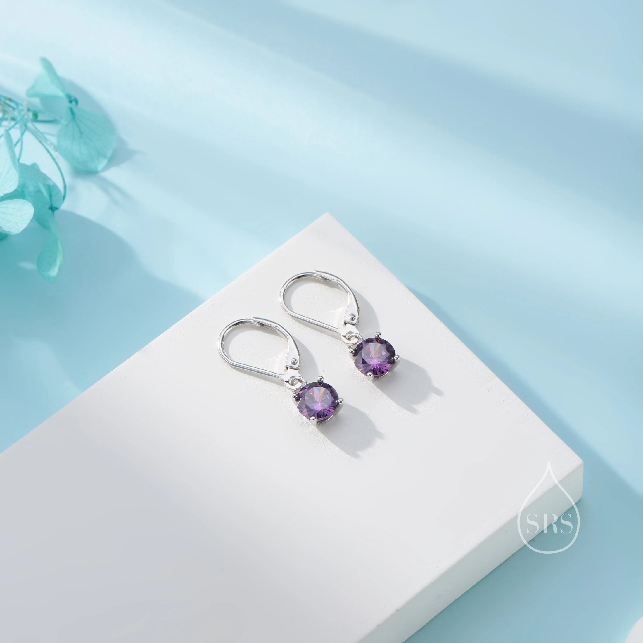 Amethyst Purple CZ Lever Back Hoop in Sterling Silver, 2 Sizes Available, 6mm or 6.5mm, Minimalist Simple Crystal Leverback Hoop Earrings - Image 2