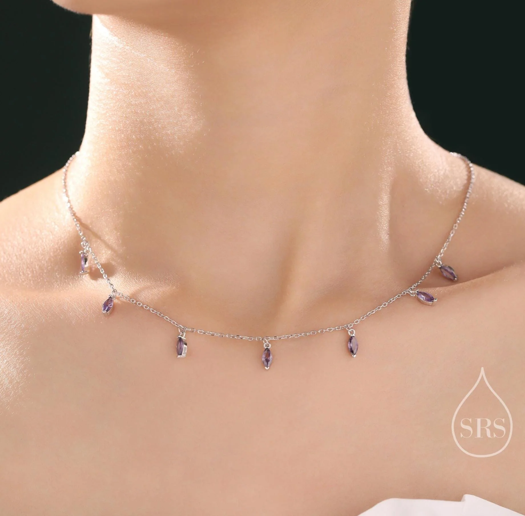 Amethyst Purple CZ Marquise Pendant Necklace in Sterling Silver, Silver or Gold, Marquise Charm Necklace, Droplet Satellite Necklace - Image 3