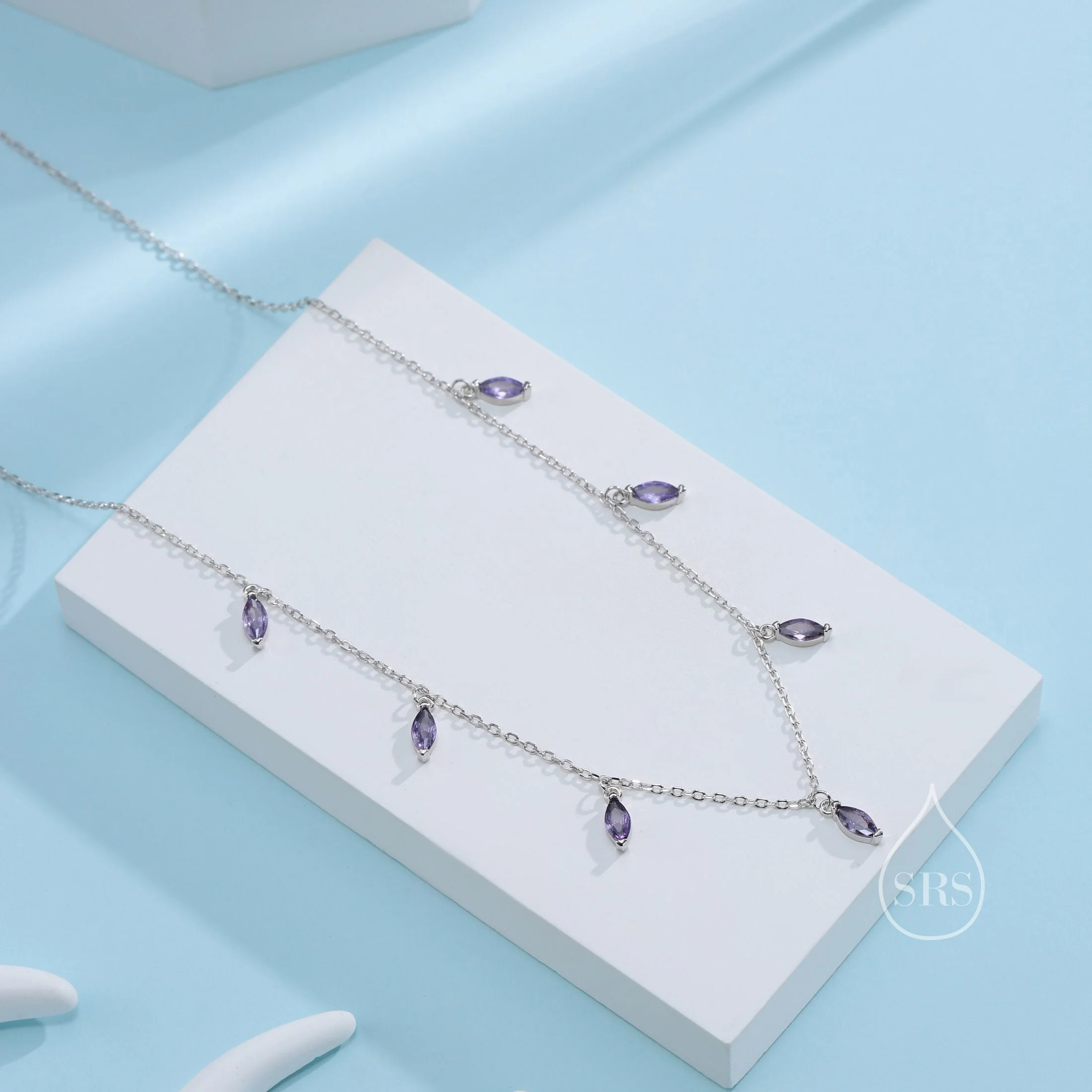 Amethyst Purple CZ Marquise Pendant Necklace in Sterling Silver, Silver or Gold, Marquise Charm Necklace, Droplet Satellite Necklace - Image 5