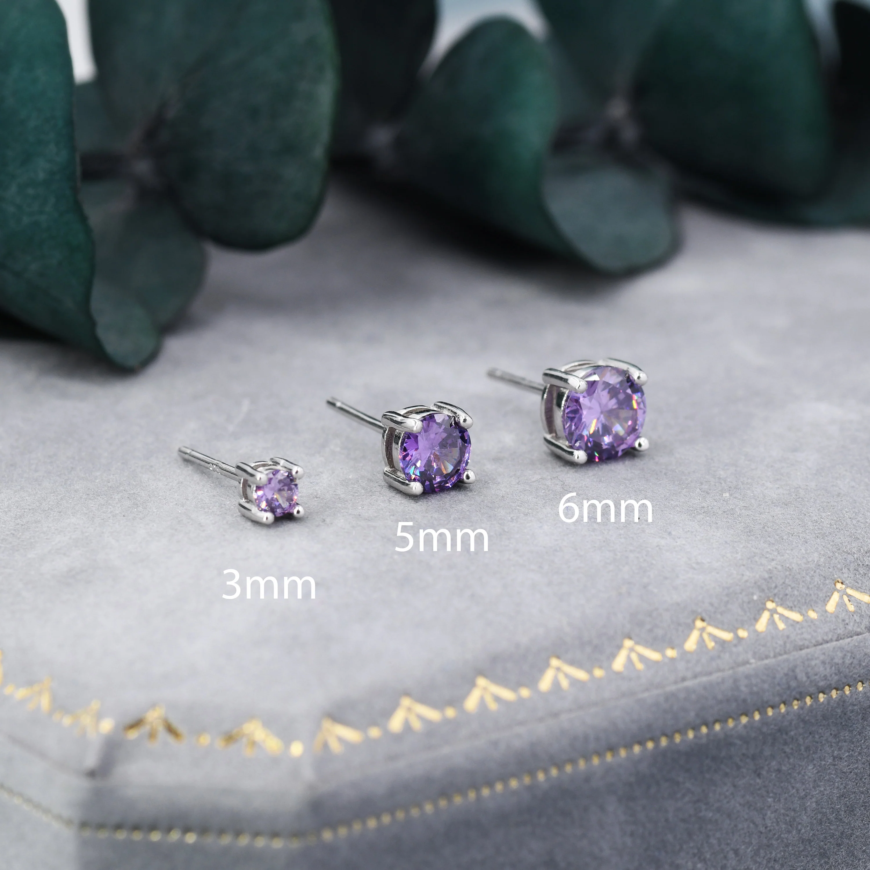 Amethyst Purple CZ Stud Earrings in Sterling Silver, Available in 3mm, 5mm 6mm, Brilliant Cut Purple CZ Earrings, Four Prong Set - Image 2