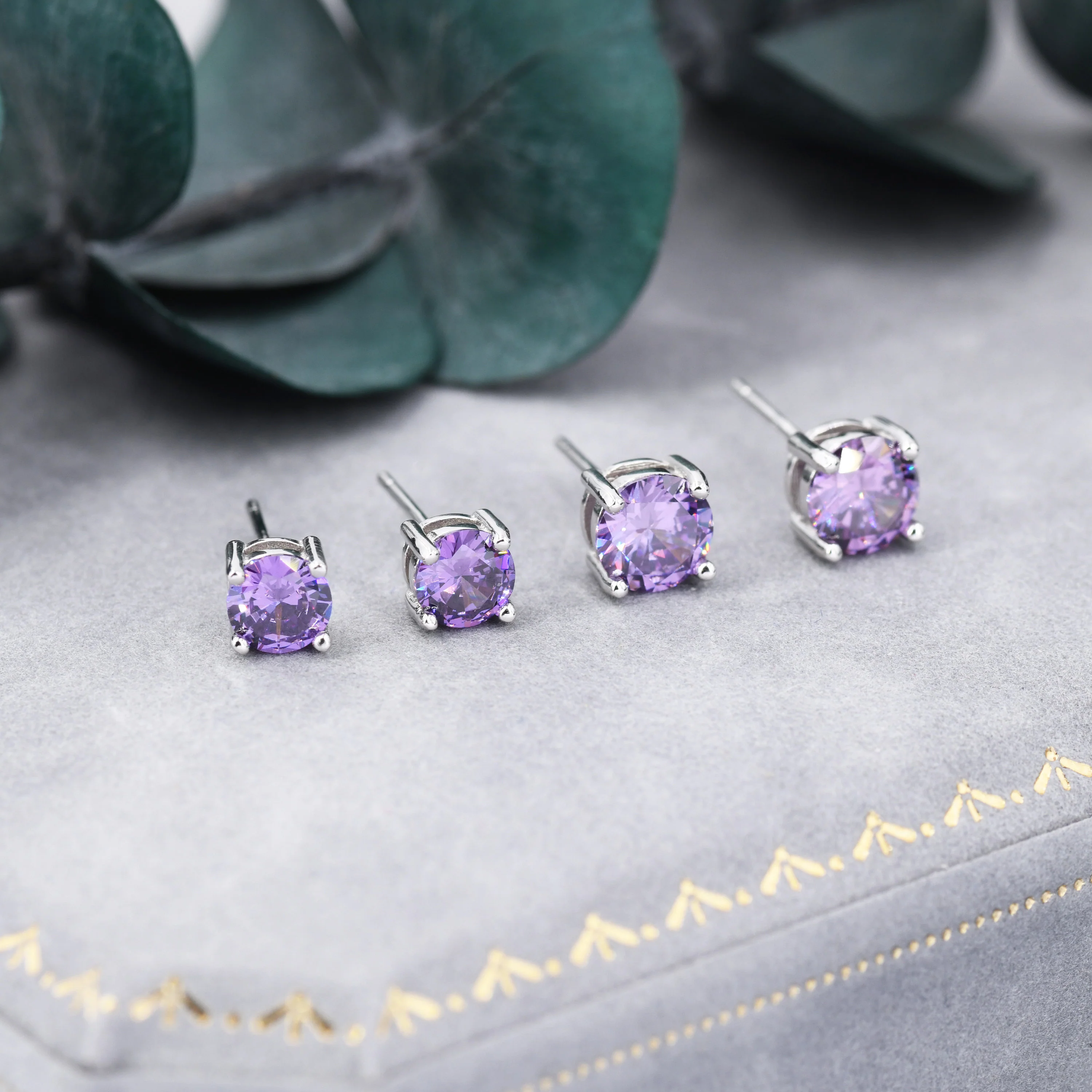 Amethyst Purple CZ Stud Earrings in Sterling Silver, Available in 3mm, 5mm 6mm, Brilliant Cut Purple CZ Earrings, Four Prong Set - Image 3