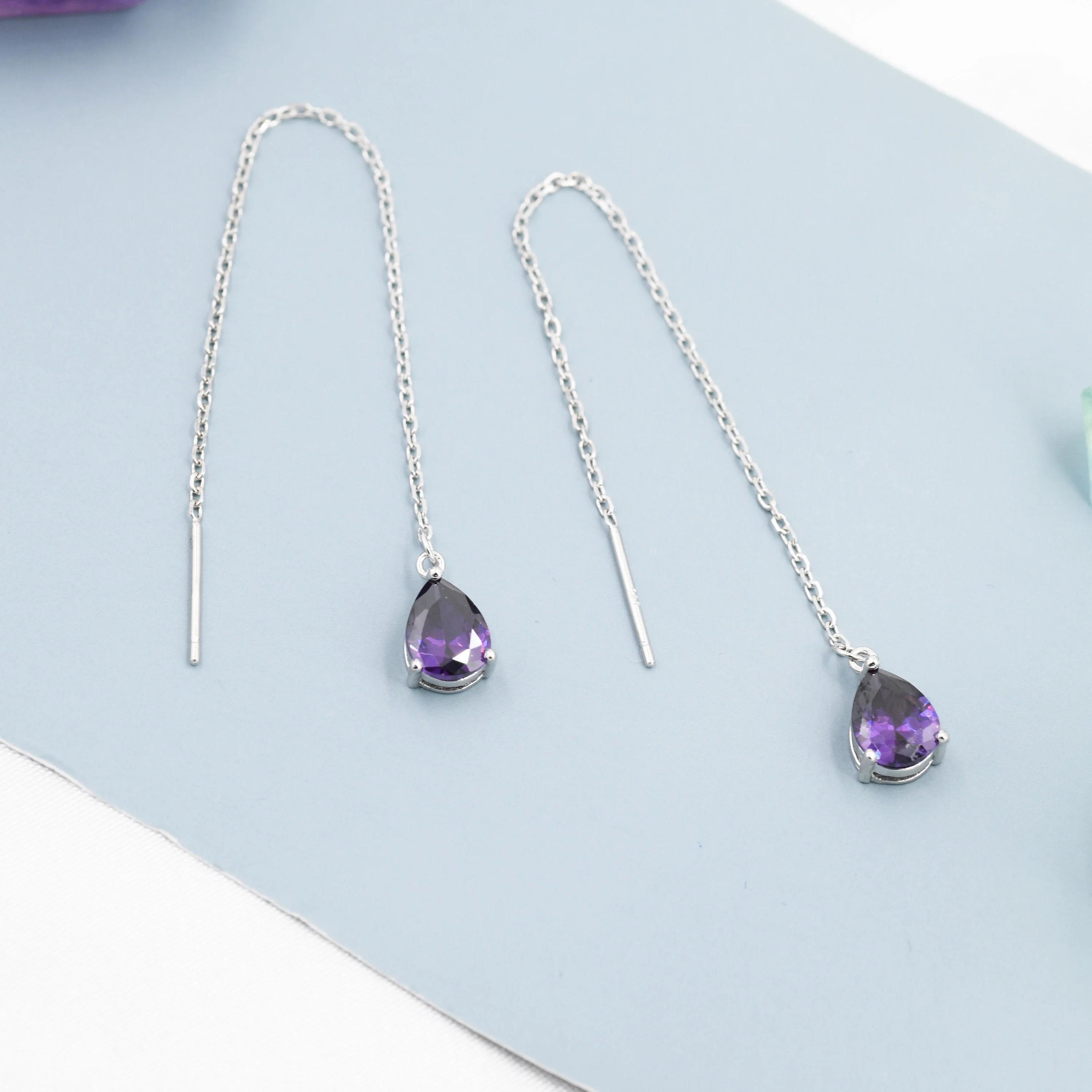 Amethyst Purple Droplet Threader Earrings in Sterling Silver, Silver or Gold, Pear Cut CZ Long Ear Threaders, Sparkly CZ Threaders - Image 2