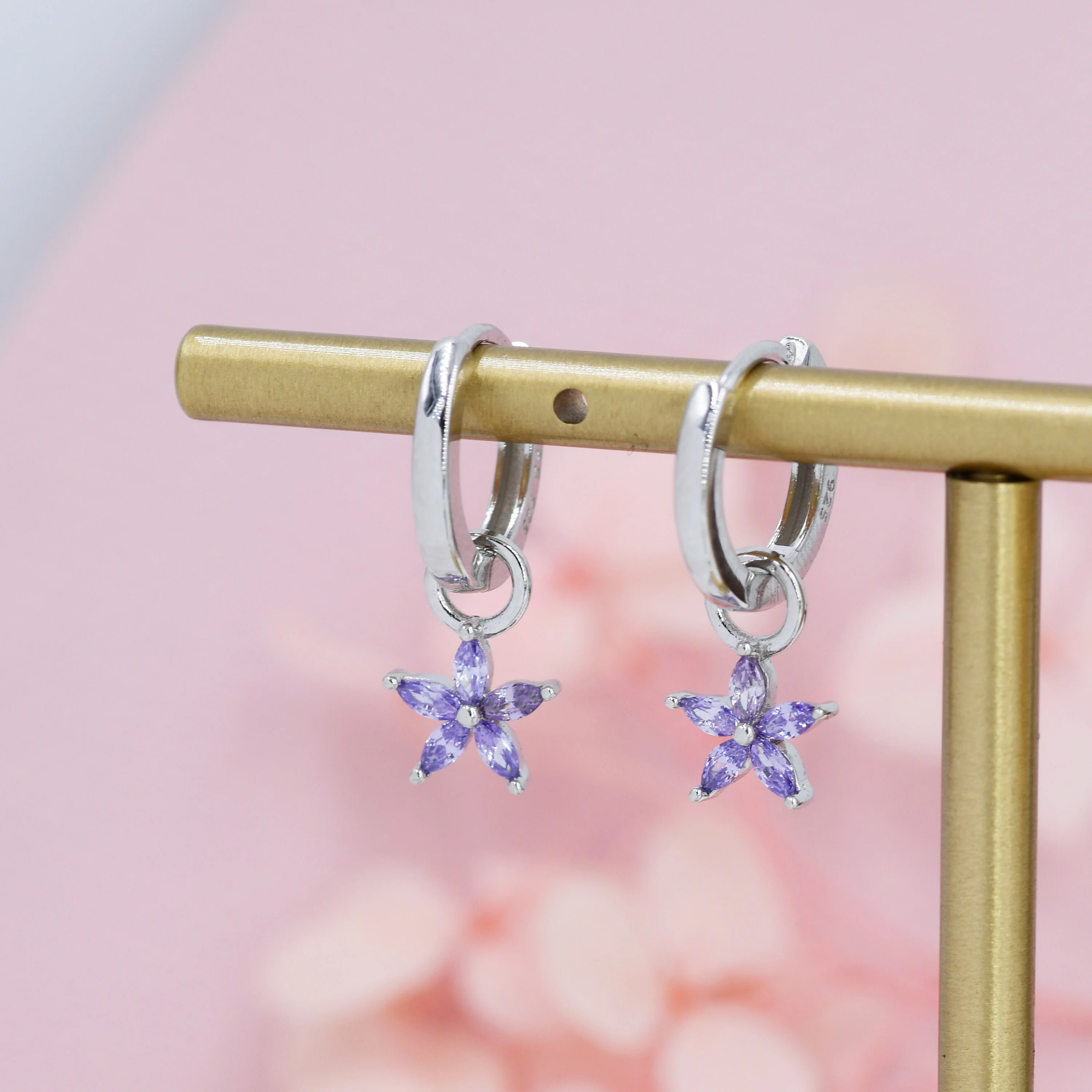 Amethyst Purple Flower CZ Huggie Hoop in Sterling Silver, Silver or Gold, Minimalist Simple Hoop Earrings, Detachable and Interchangeable - Image 3
