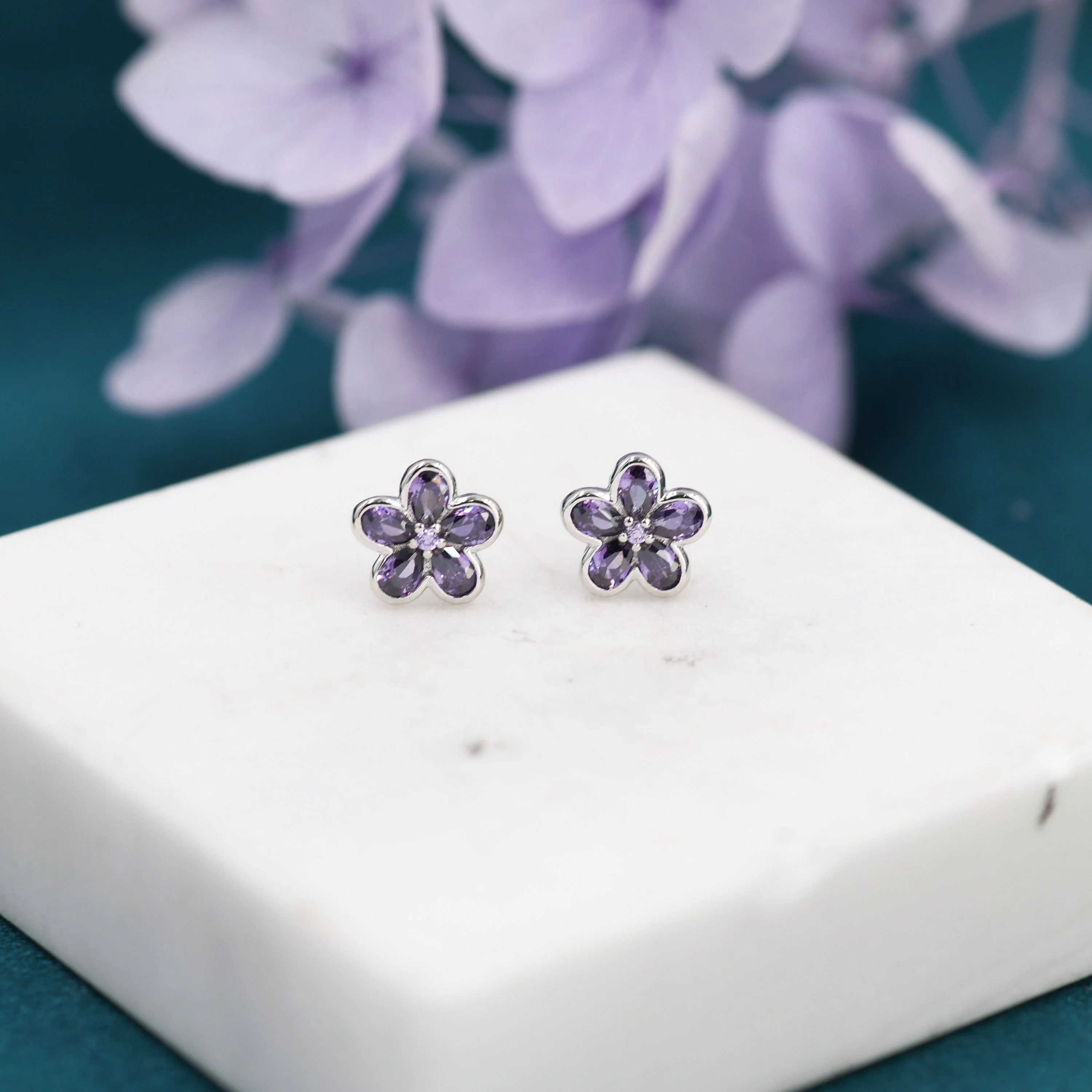 Amethyst Purple Flower CZ Stud Earrings in Sterling Silver, Forget Me Not Floral CZ Earrings, Silver or Gold, Flower CZ Earrings - Image 3