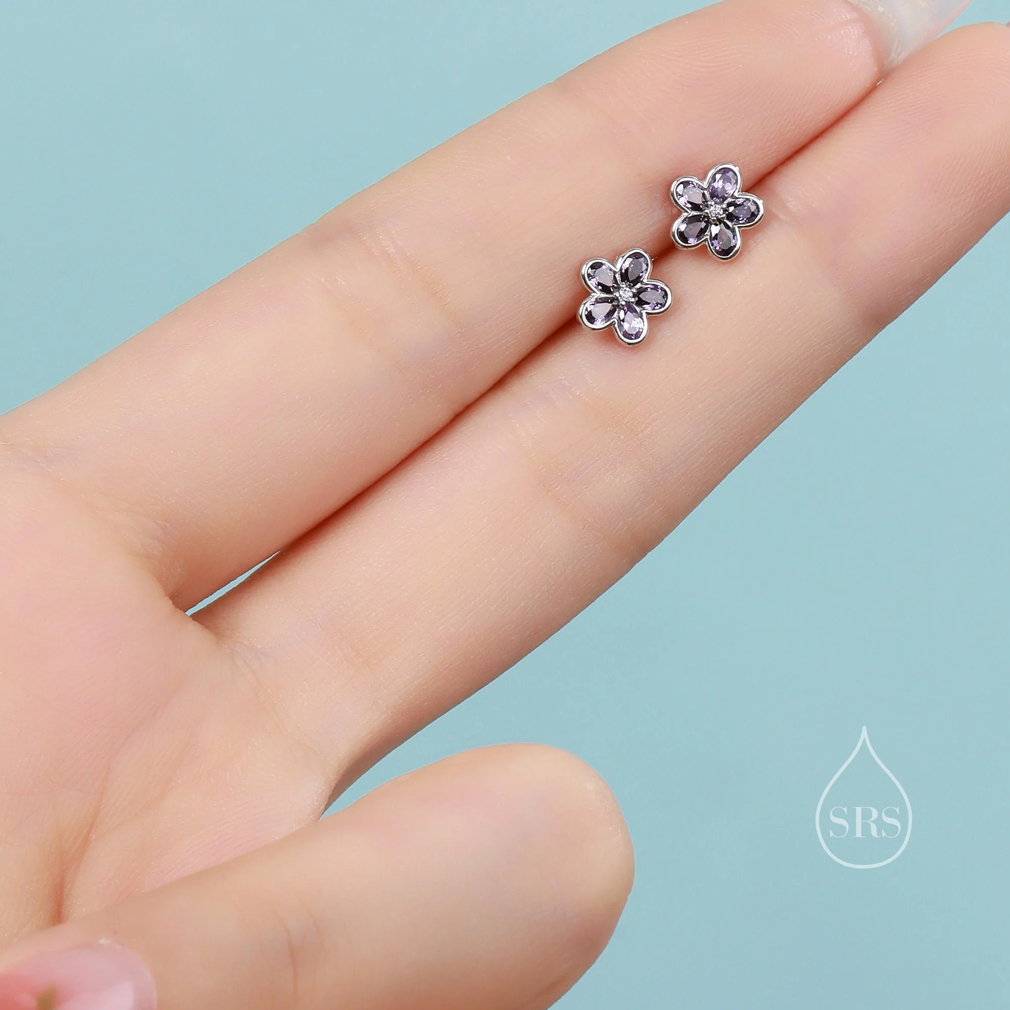 Amethyst Purple Flower CZ Stud Earrings in Sterling Silver, Forget Me Not Floral CZ Earrings, Silver or Gold, Flower CZ Earrings - Image 7