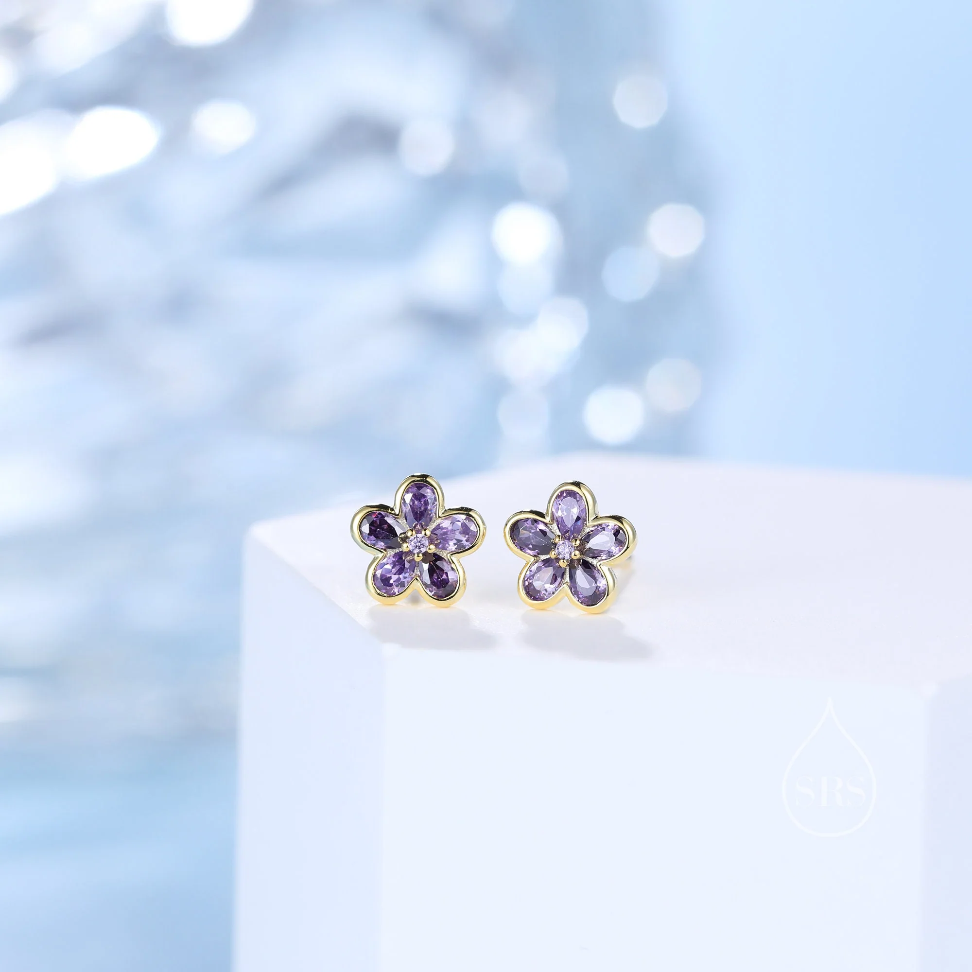 Amethyst Purple Flower CZ Stud Earrings in Sterling Silver, Forget Me Not Floral CZ Earrings, Silver or Gold, Flower CZ Earrings - Image 8