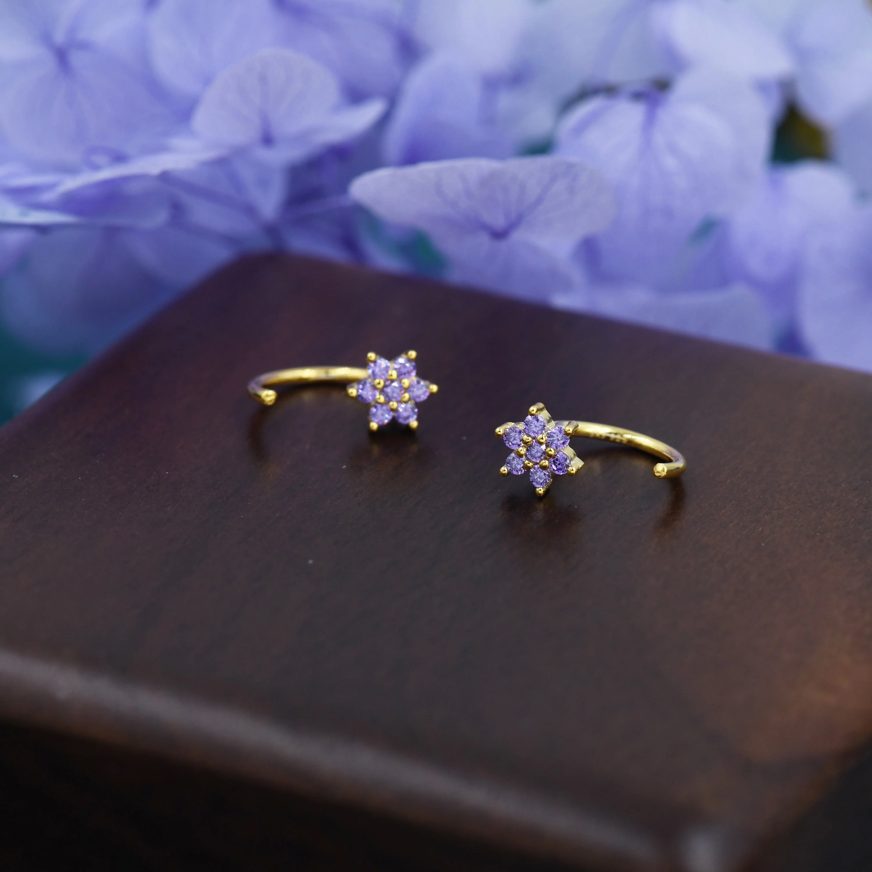 Amethyst Purple Flower Huggie Hoop Earrings in Sterling Silver, Tiny CZ Cluster Open Hoops, Pull Through Threaders, Half Hoops - Image 4