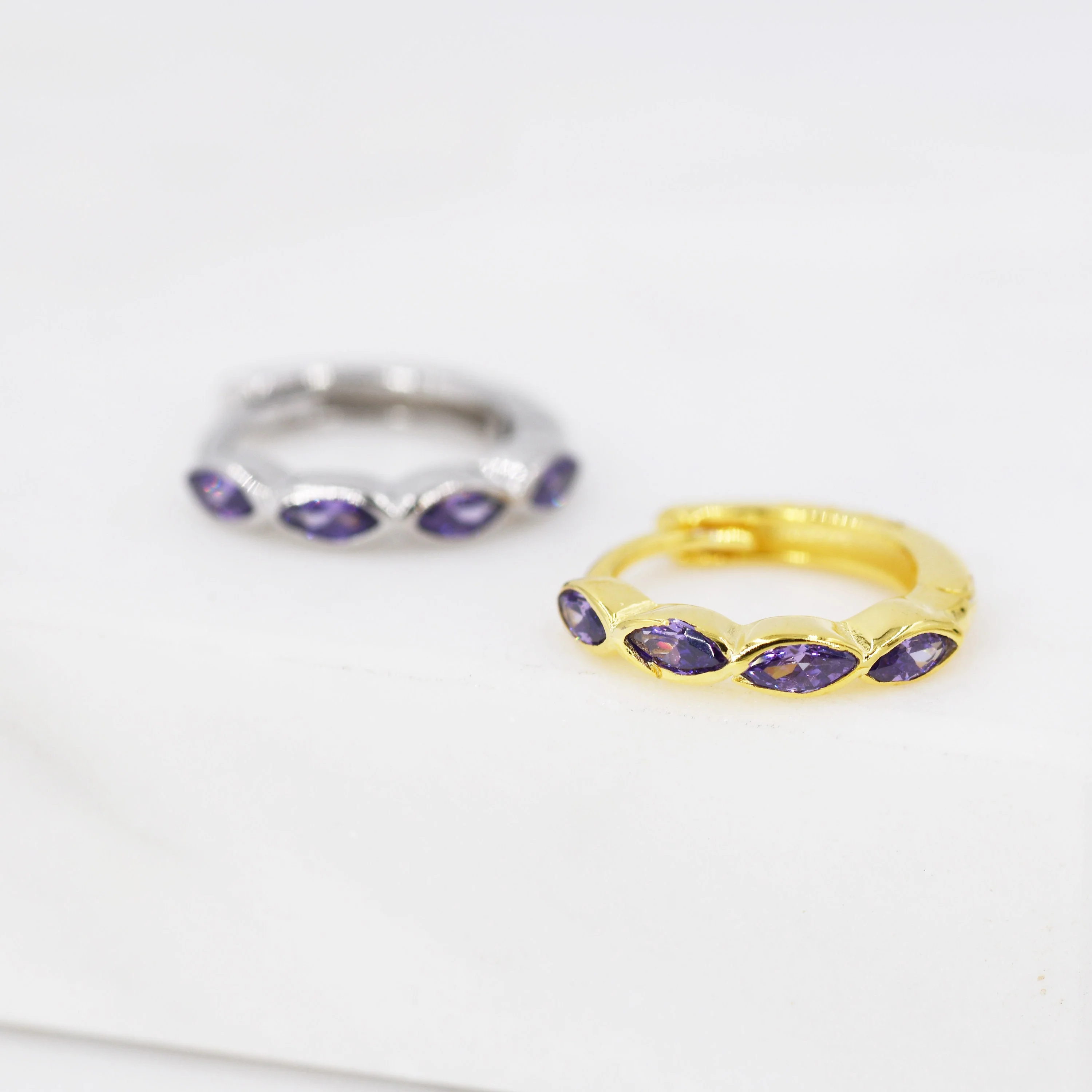 Amethyst Purple Marquise CZ Huggie Hoop in Sterling Silver, Silver or Gold, Minimalist Simple Lilac Hoop Earrings - Image 3