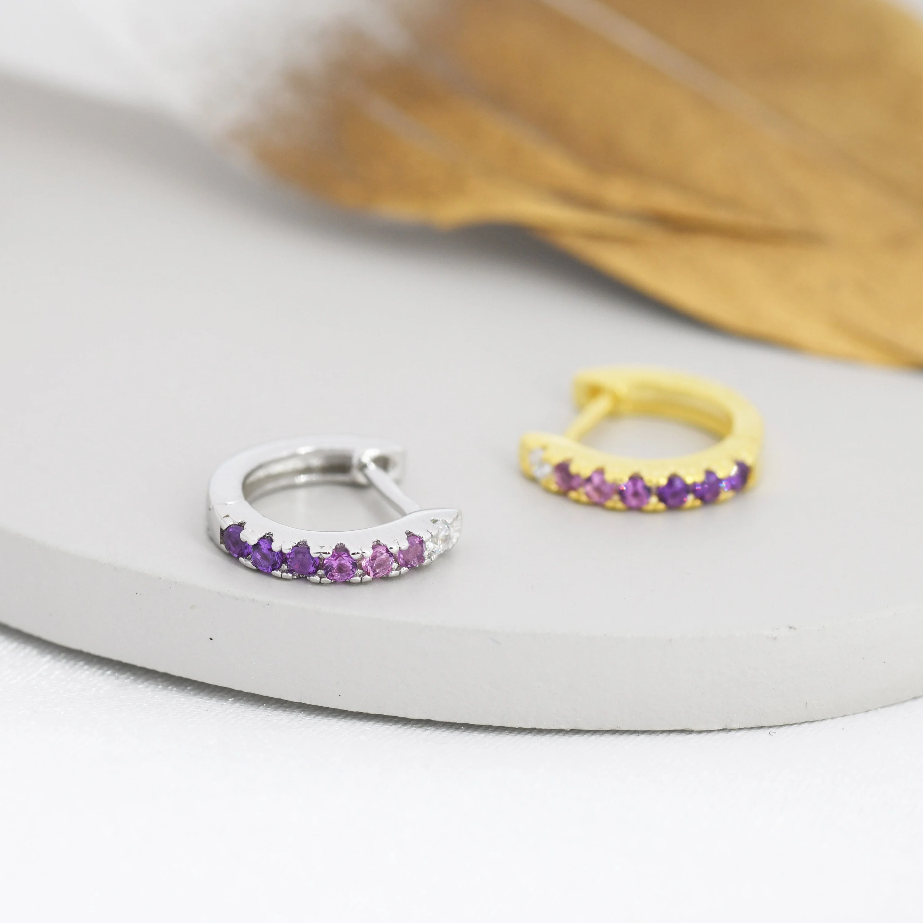Amethyst Purple Ombre CZ Huggie Hoops in Sterling Silver, Silver or Gold, Minimalist Hoop Earrings, 8mm Hoops, cartilage hoops, Gradient - Image 2