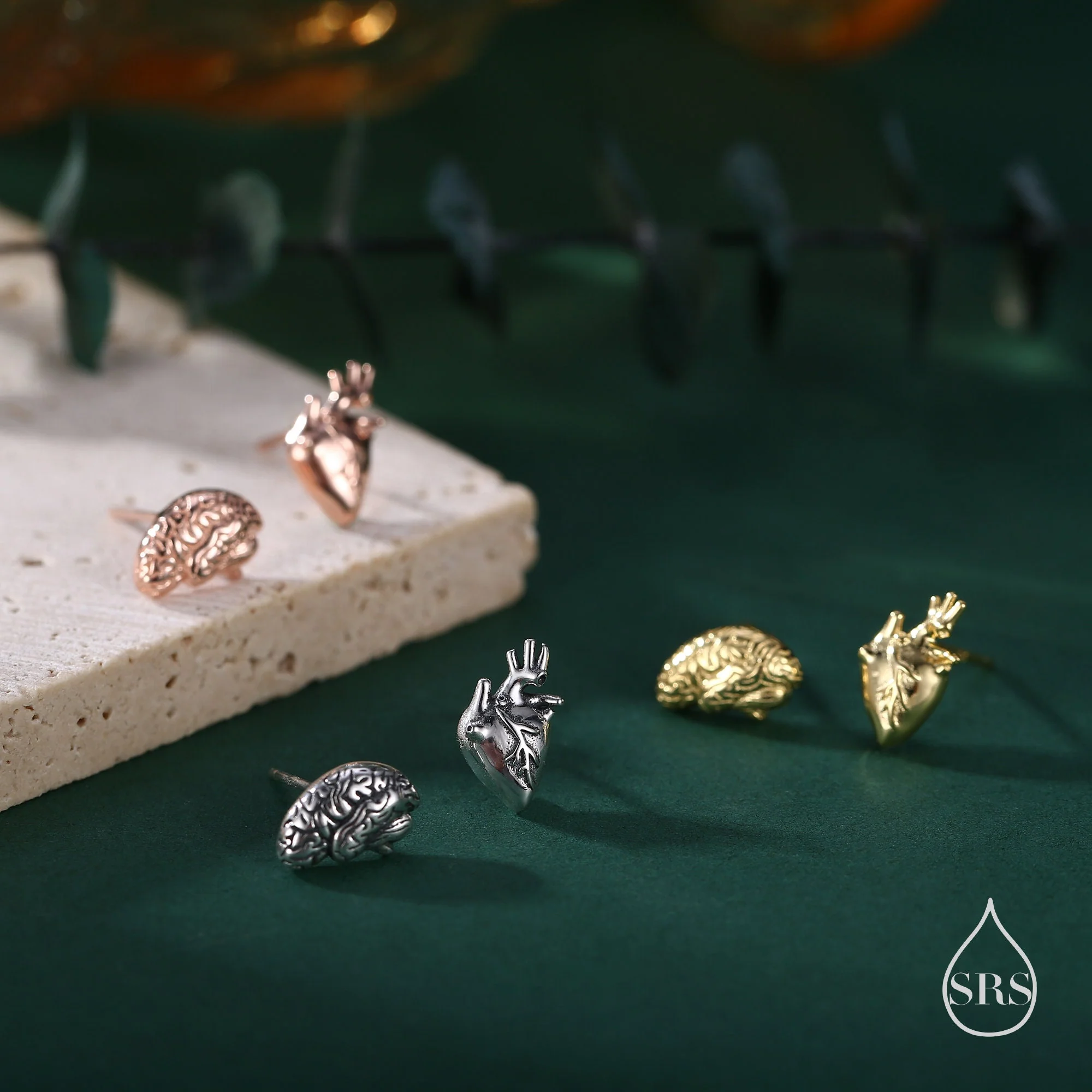 Anatomical Brain and Heart Asymmetric Stud Earrings in Sterling Silver, Silver or Gold or Rose Gold, Science Jewellery, Heart and Mind Stud - Image 2