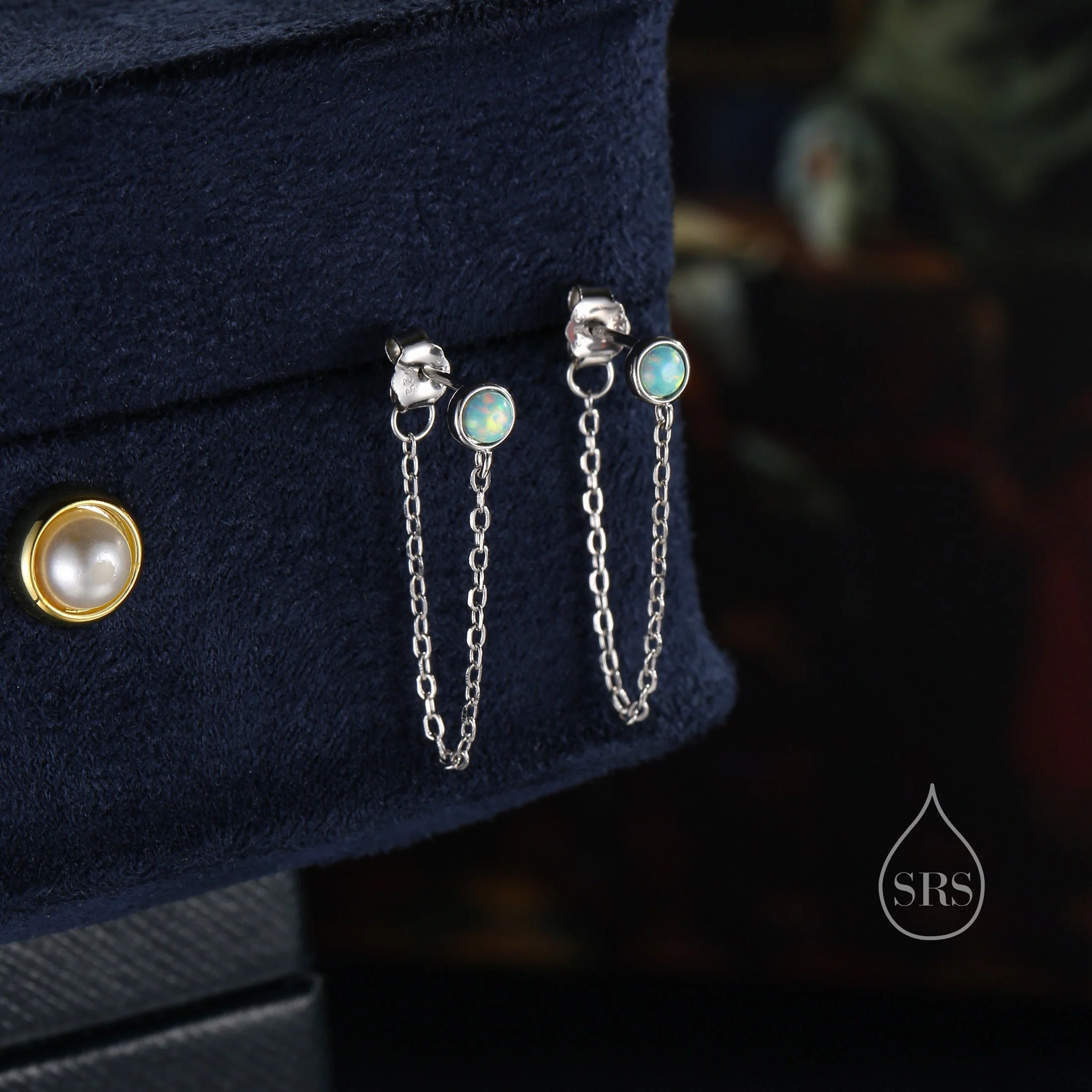 Aqua Green Opal and Chain Ear Jacket in Sterling Silver, Silver or Gold, Blue Lab Opal Bezel Earrings, Front and Back Earrings