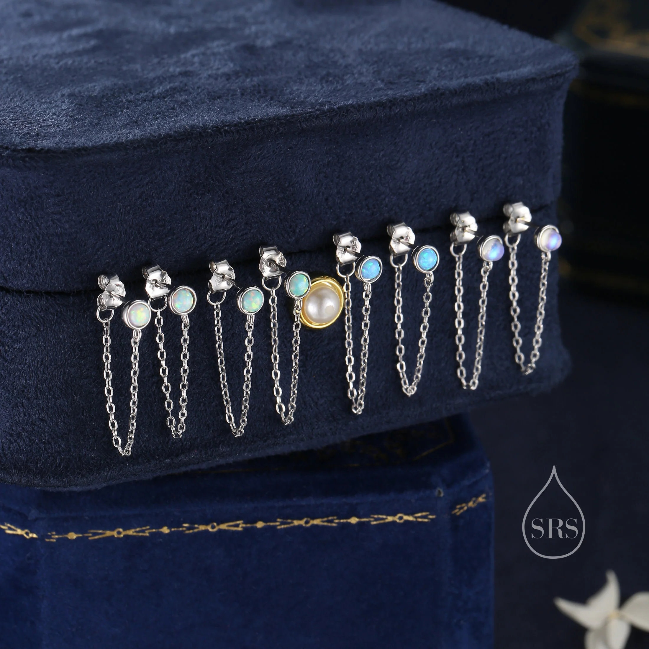 Aqua Green Opal and Chain Ear Jacket in Sterling Silver, Silver or Gold, Blue Lab Opal Bezel Earrings, Front and Back Earrings - Image 7