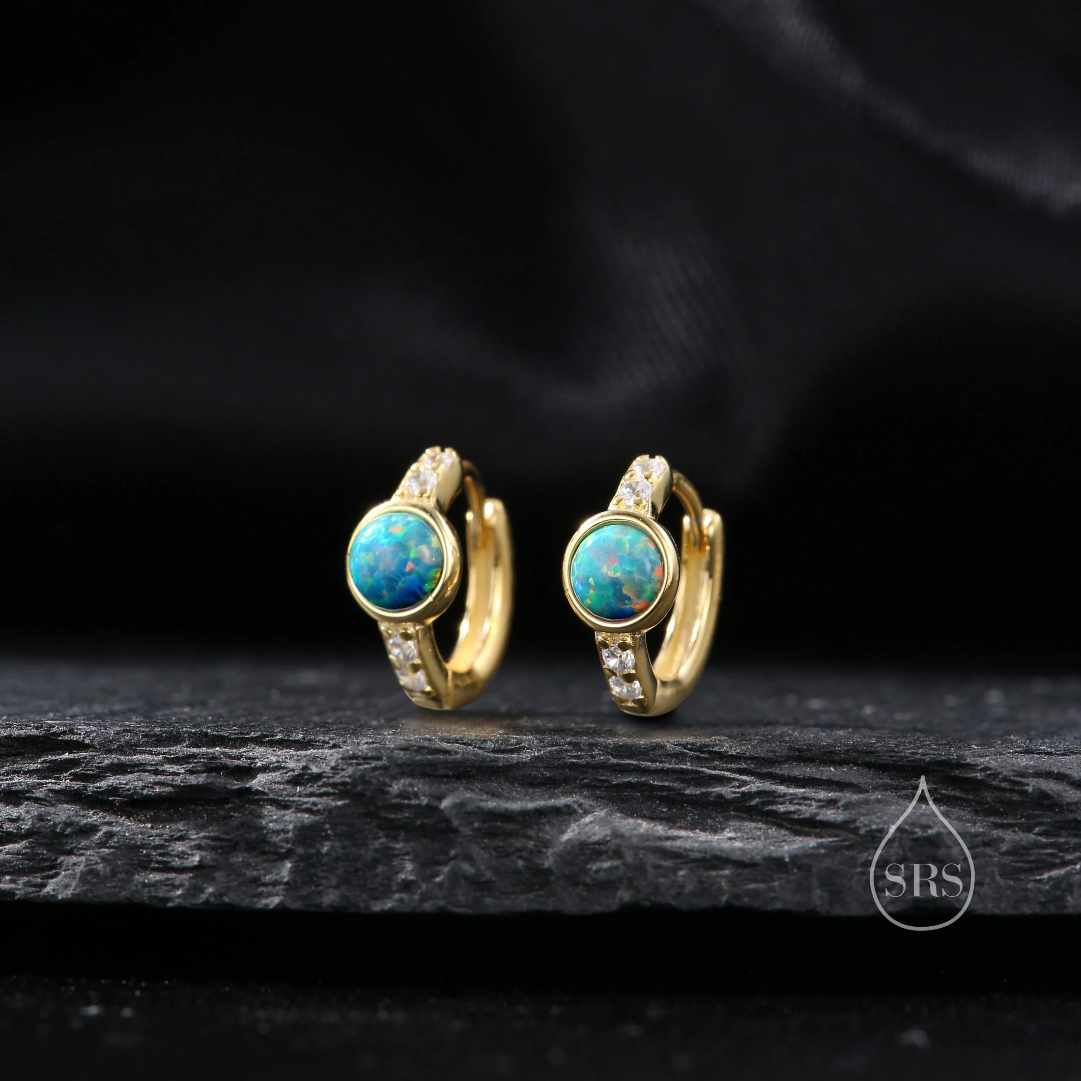 Aqua Green Opal CZ Huggie Hoop Earrings in Sterling Silver, Silver or Gold, Tiny Opal Hoops, Opal Hoops, Single Opal Hoops - Image 2