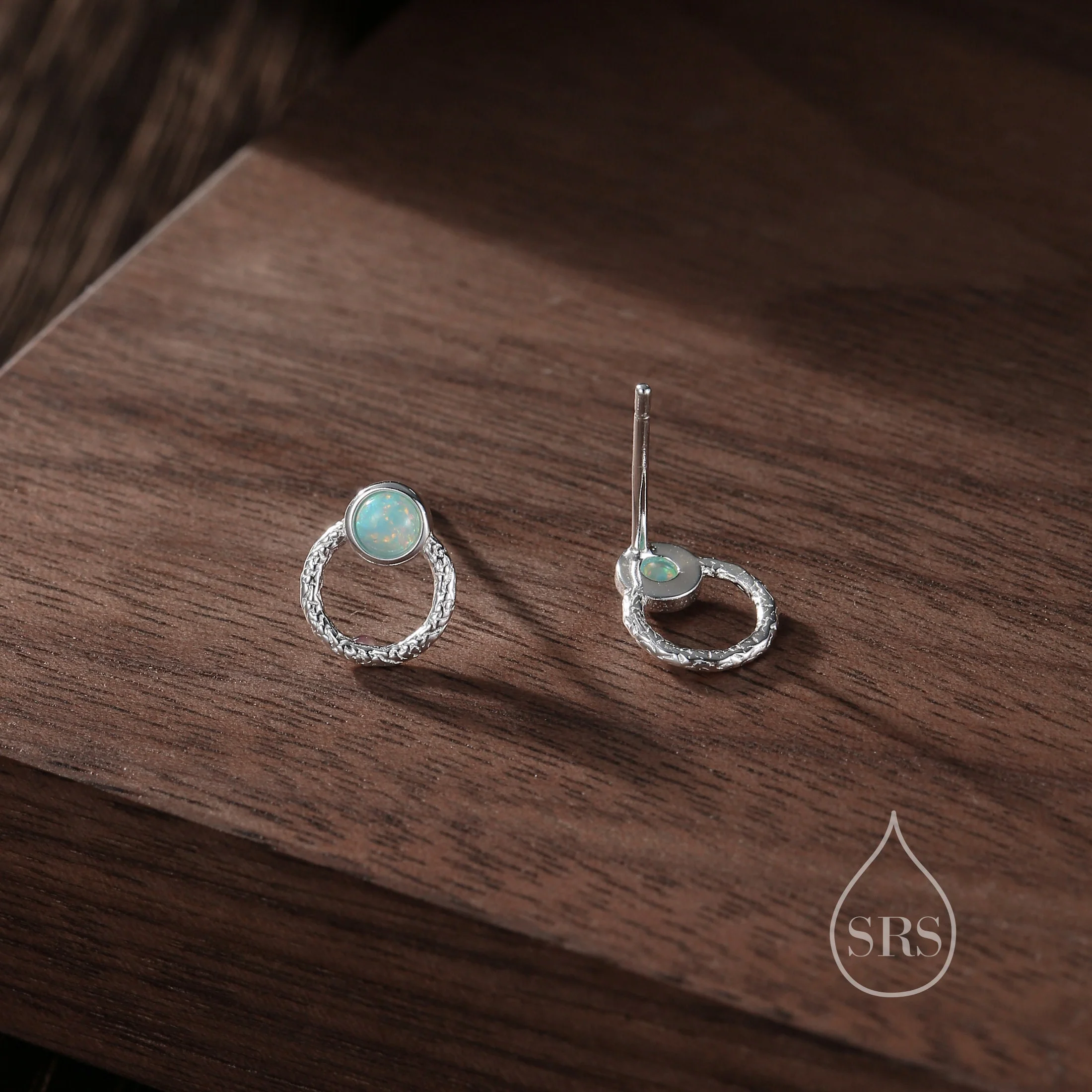 Aqua Green Opal Double Circle Stud Earrings in Sterling Silver, Silver or Gold or Rose Gold, Lab Opal Earrings, Double Circle Stud - Image 4