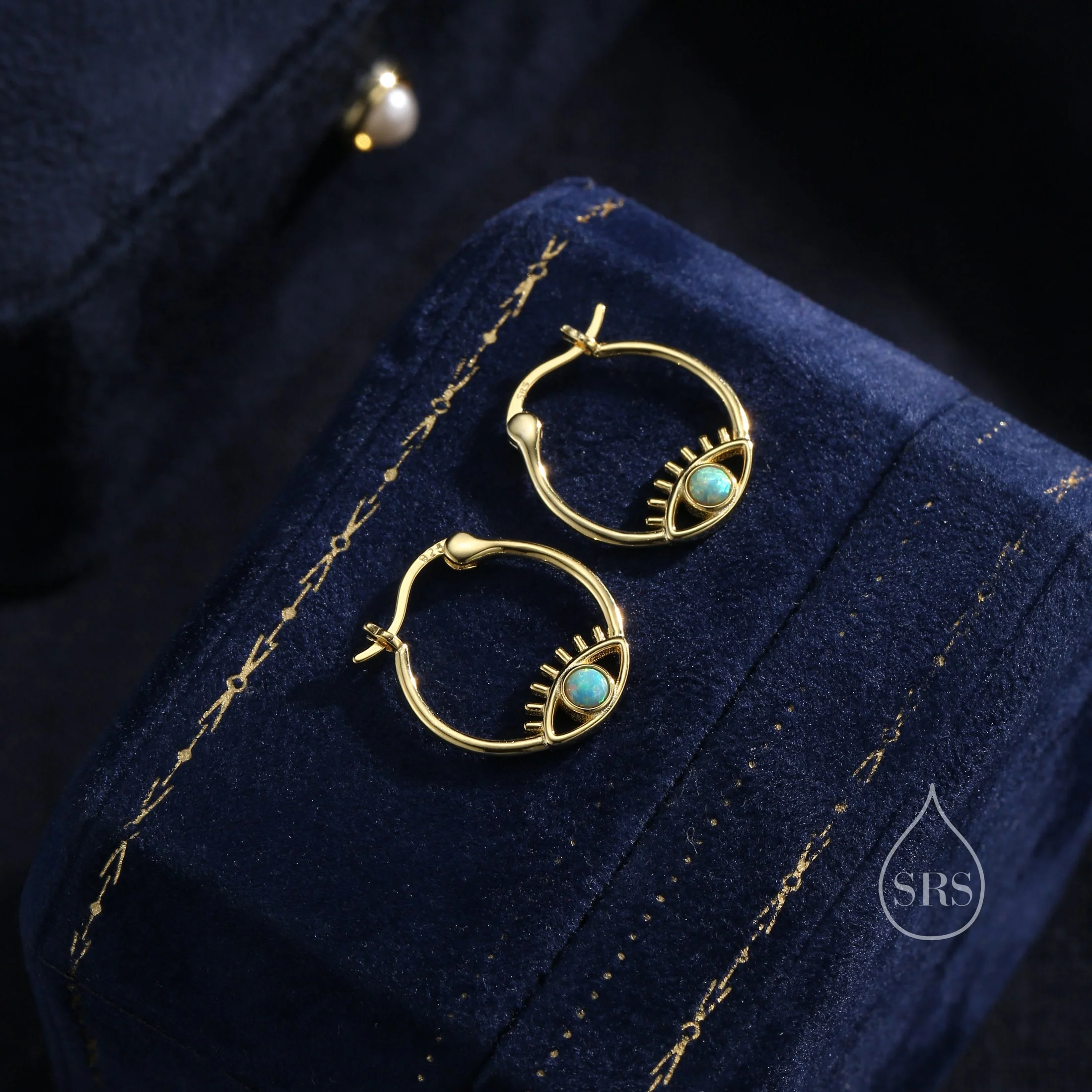 Aqua Green Opal Eye Hoop Earrings in Sterling Silver, Silver or Gold Evil Eye Hoops, Simulated Opal, Evil Eye Earrings, Lab Opal Earrings - Image 11