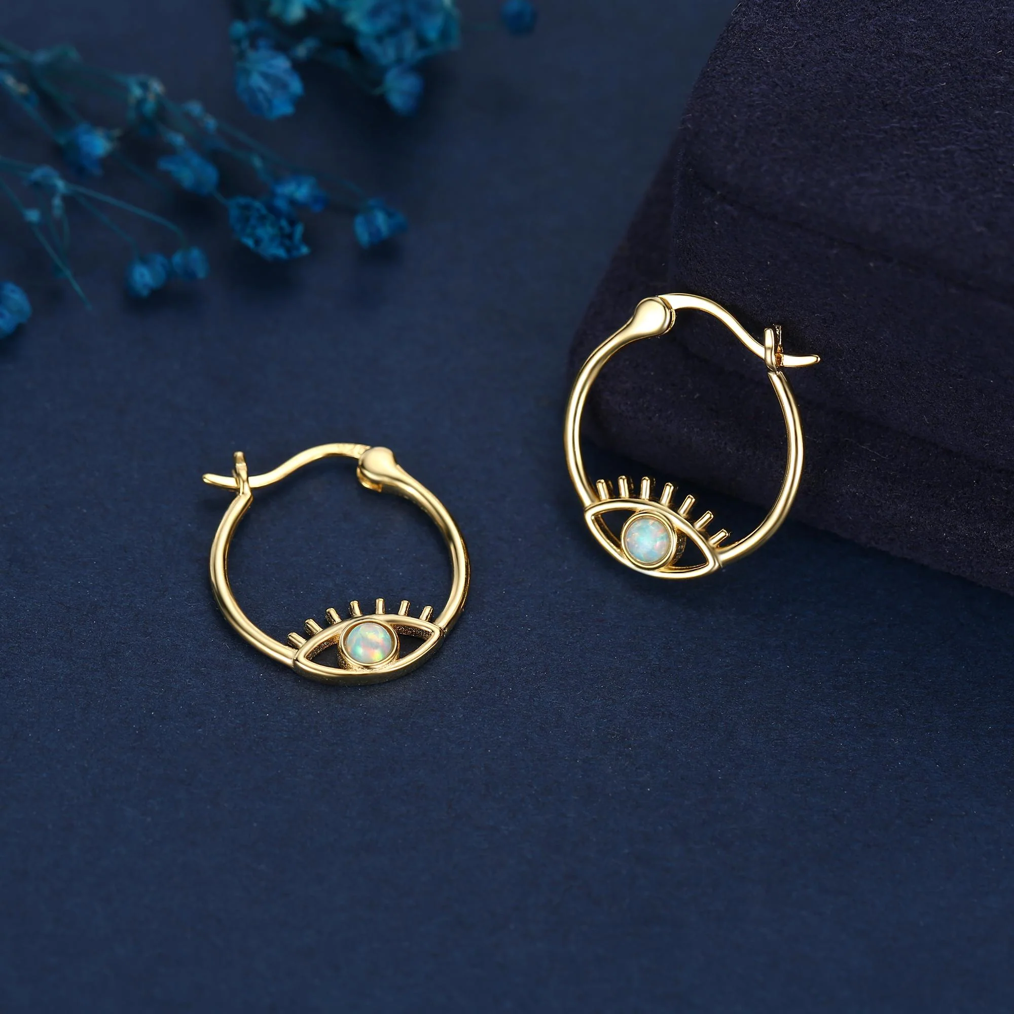 Aqua Green Opal Eye Hoop Earrings in Sterling Silver, Silver or Gold Evil Eye Hoops, Simulated Opal, Evil Eye Earrings, Lab Opal Earrings - Image 3