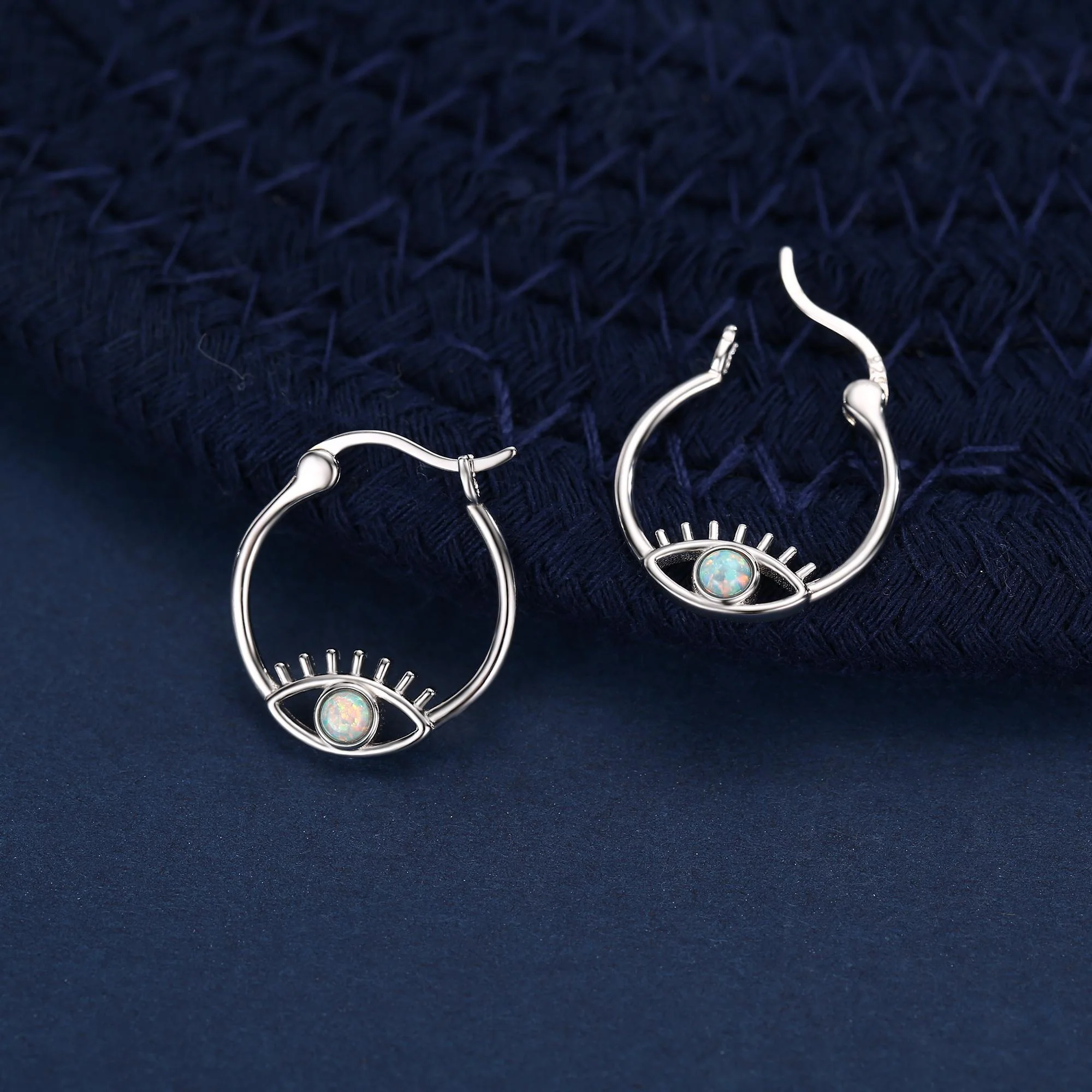 Aqua Green Opal Eye Hoop Earrings in Sterling Silver, Silver or Gold Evil Eye Hoops, Simulated Opal, Evil Eye Earrings, Lab Opal Earrings - Image 6