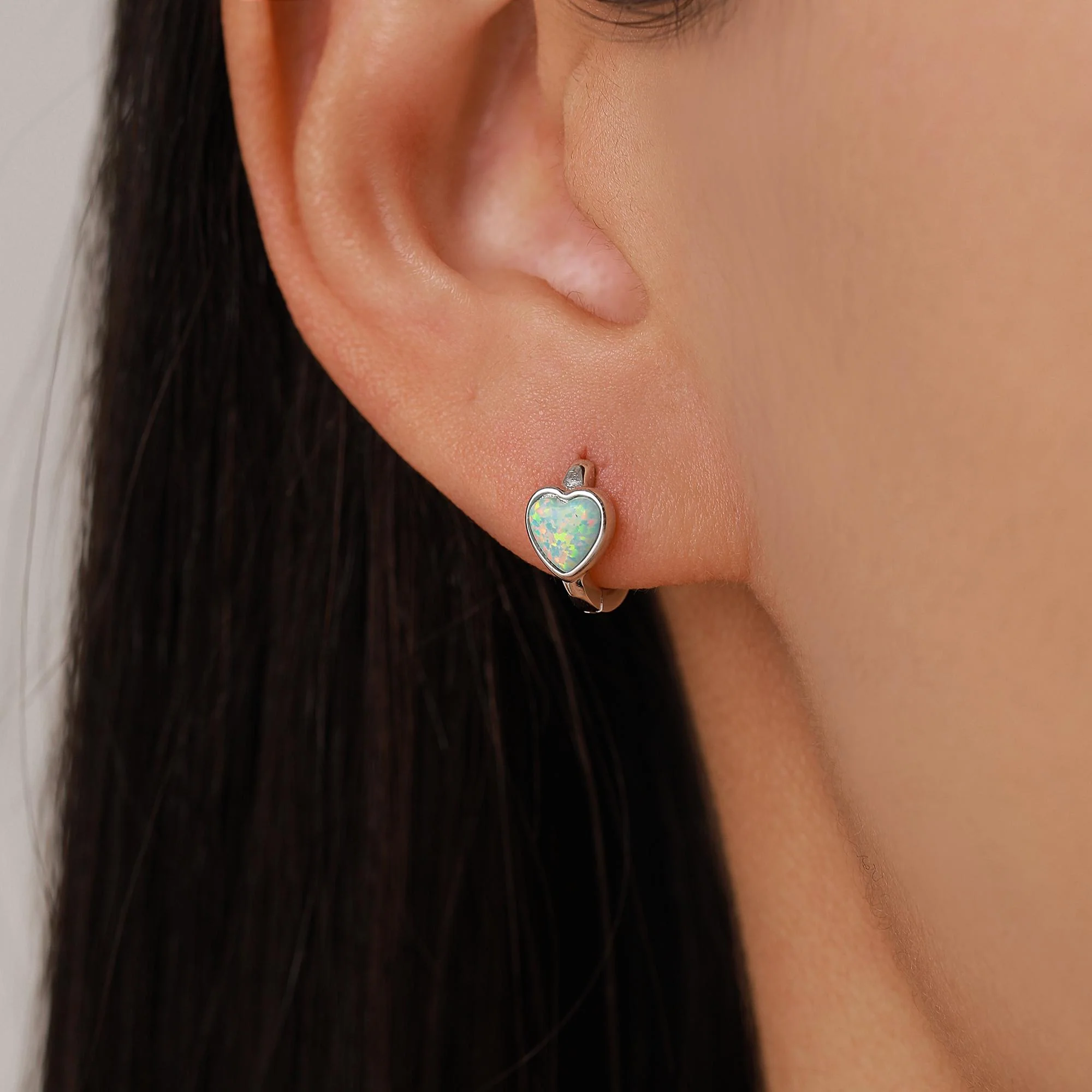 Aqua Green Opal Heart Huggie Hoop Earrings in Sterling Silver - Image 2