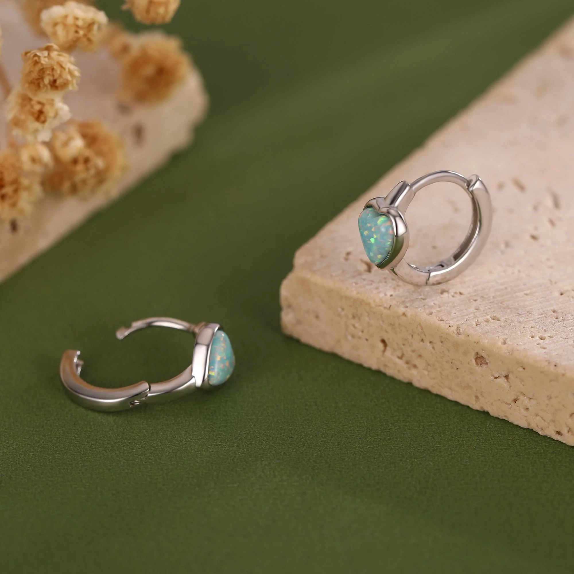Aqua Green Opal Heart Huggie Hoop Earrings in Sterling Silver - Image 3
