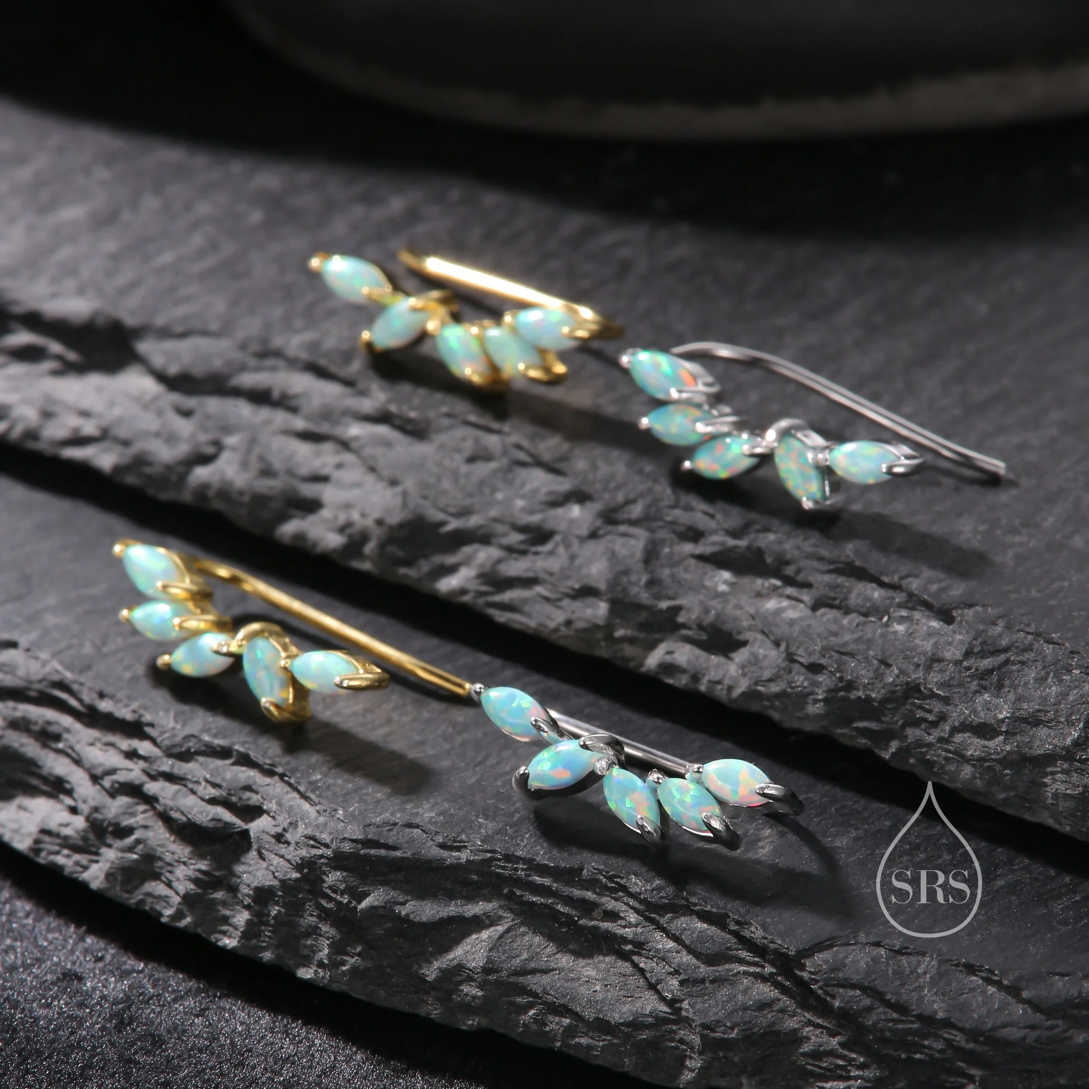 Aqua Green Opal Marquise Cluster Crawler Earrings in Sterling Silver, Marquise Cluster Ear Climbers, Silver or Gold , Lab Opal Earrings - Image 6