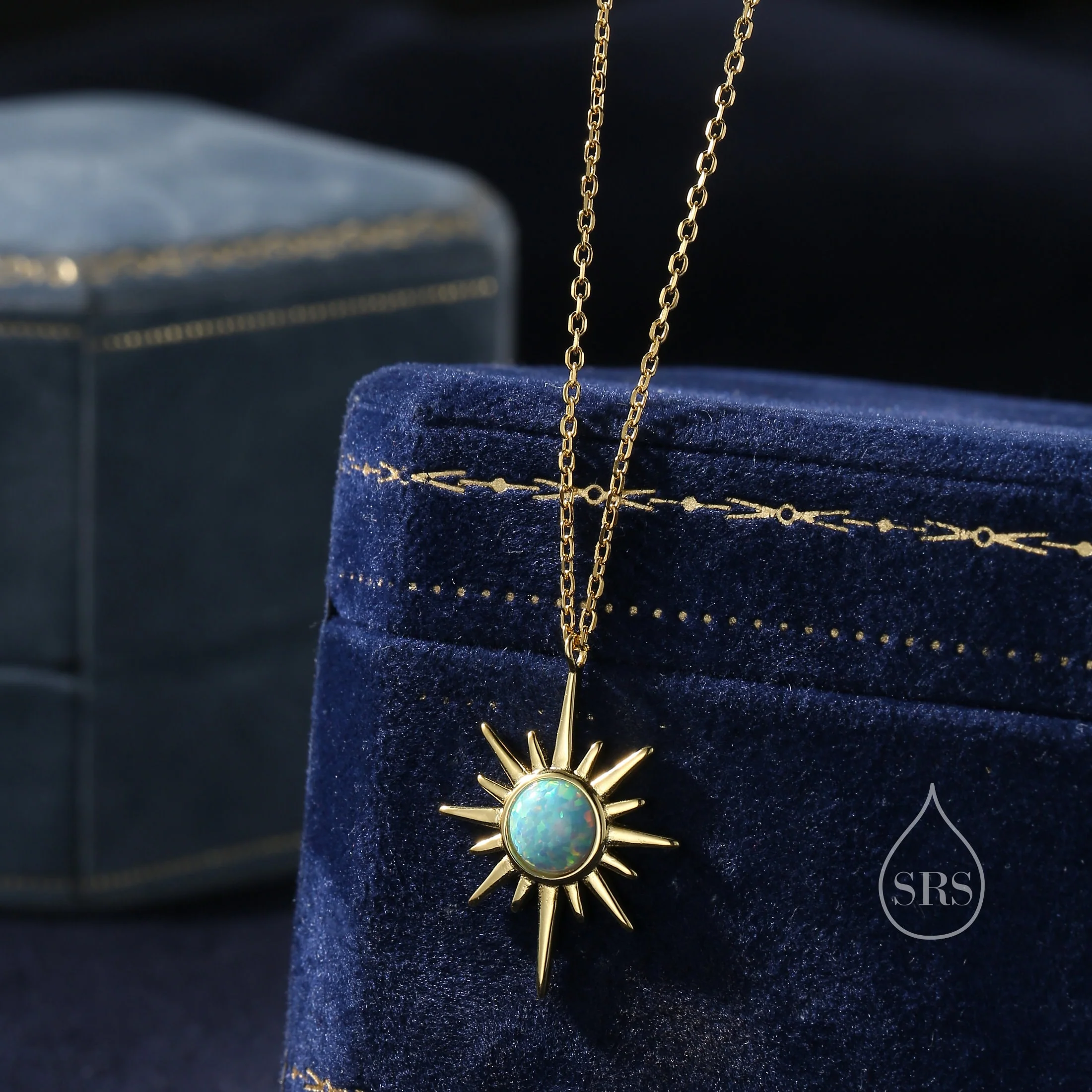 Aqua Green Opal North Star Pendant Necklace in Sterling Silver, Silver or Gold, Lab Opal Starburst Necklace, Opal Star Necklace, Sunburst - Image 2