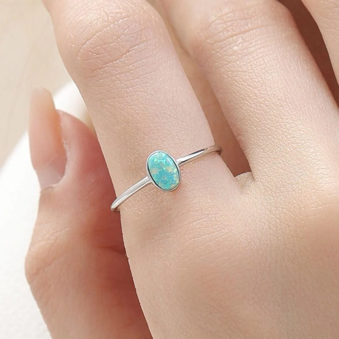 Aqua Green Opal Oval Ring in Sterling Silver, US 5 - 8,  Delicate Opal Stone Ring, Blue Opal Ring, Lab Opal Ring