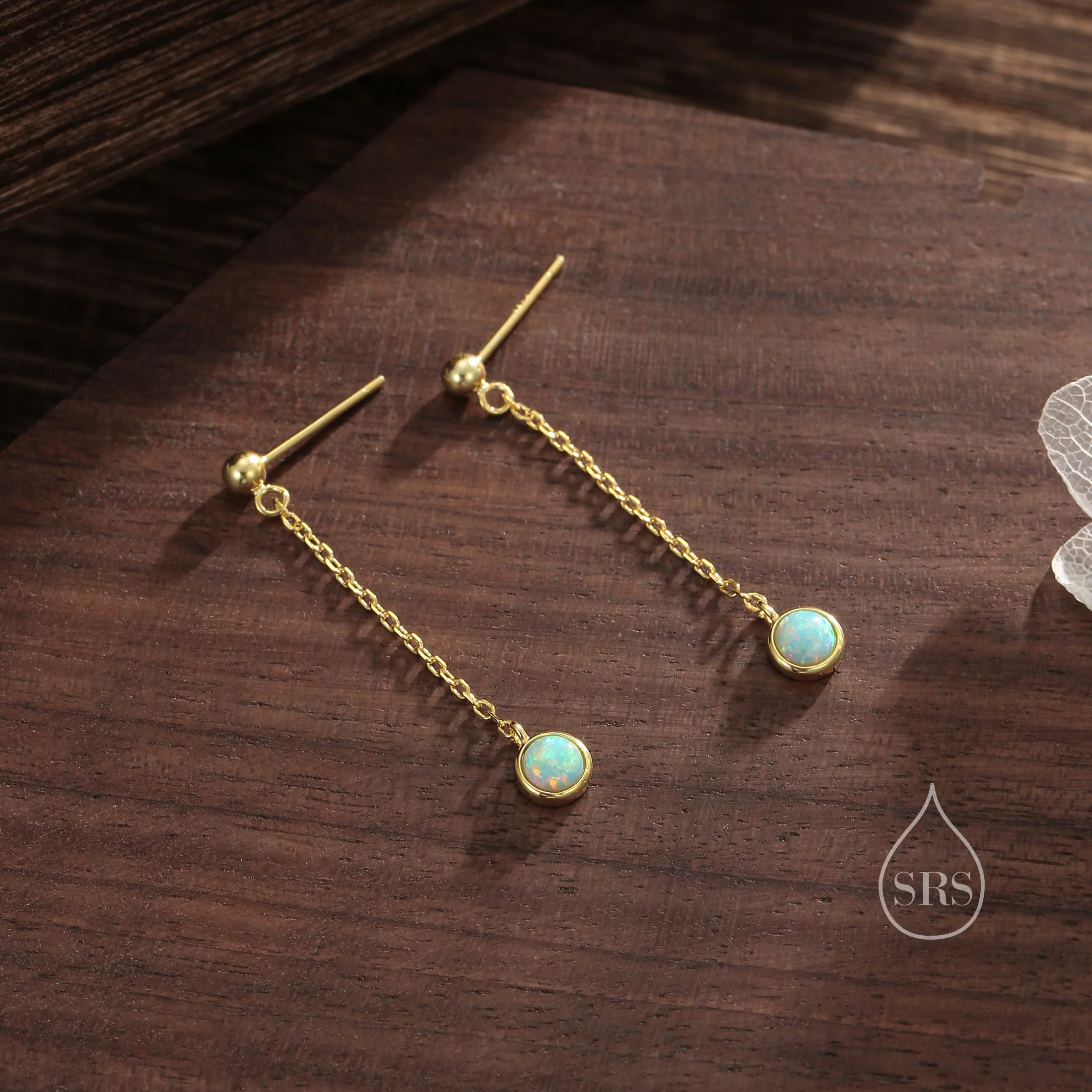 Aqua Green Opal with Chain Dangle Stud Earrings in Sterling Silver, Silver or Gold, Lab Opal Earrings, Minimal Dangling Opal Earrings - Image 2