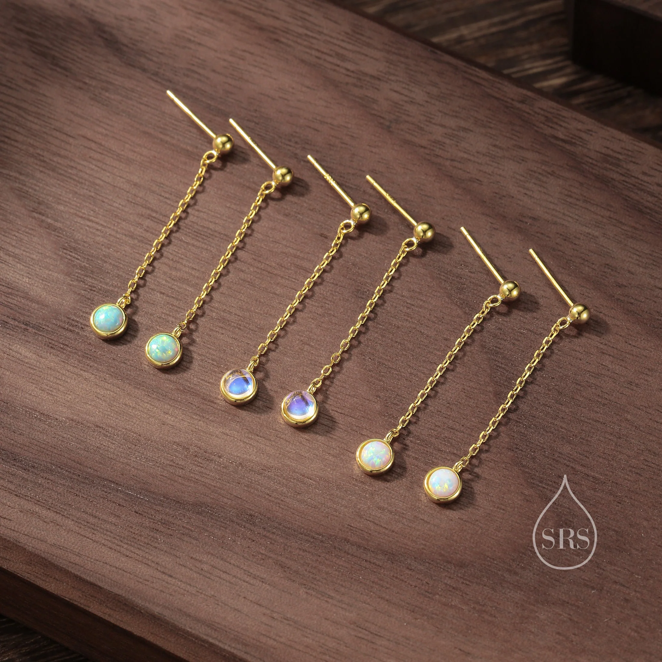 Aqua Green Opal with Chain Dangle Stud Earrings in Sterling Silver, Silver or Gold, Lab Opal Earrings, Minimal Dangling Opal Earrings - Image 8