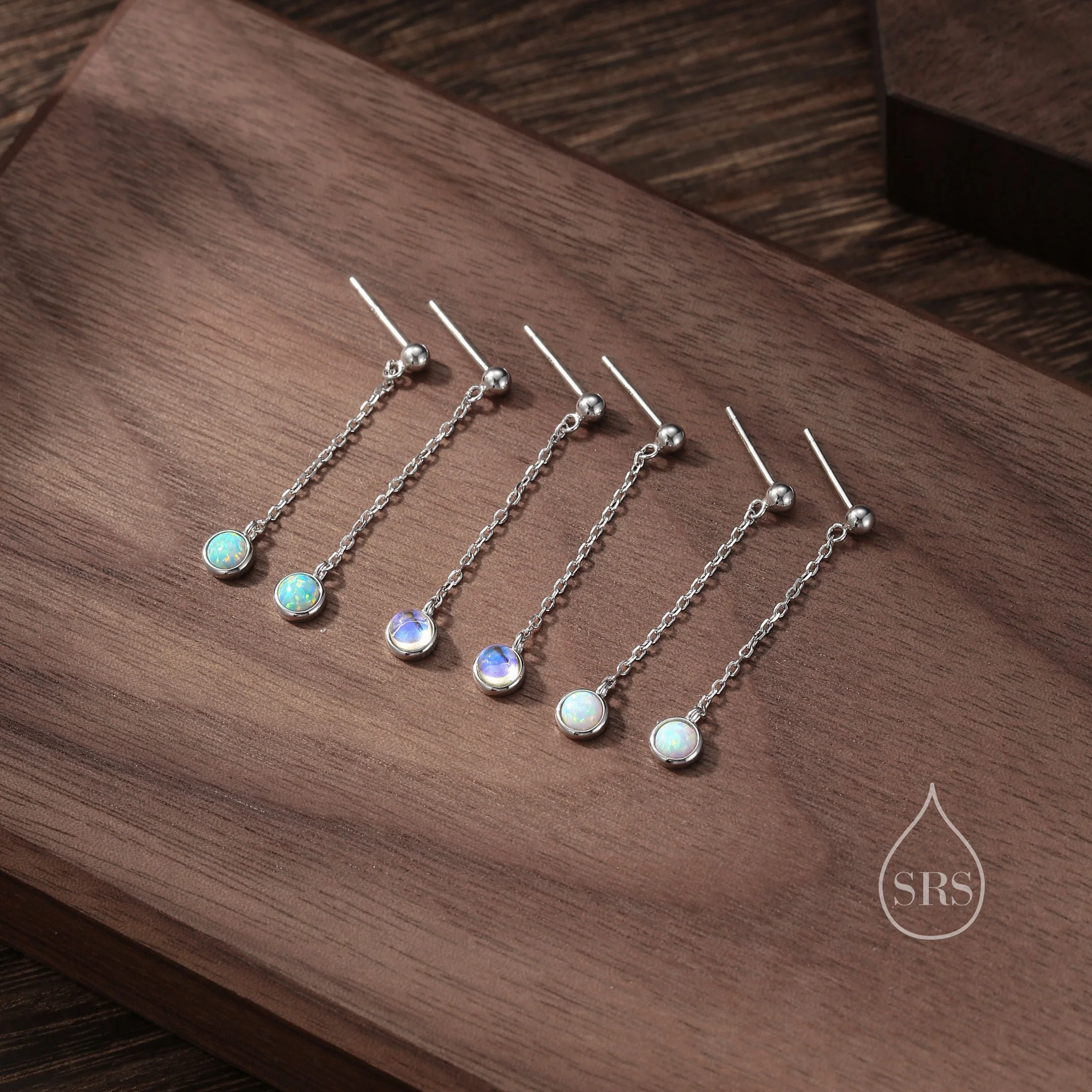 Aqua Green Opal with Chain Dangle Stud Earrings in Sterling Silver, Silver or Gold, Lab Opal Earrings, Minimal Dangling Opal Earrings - Image 9