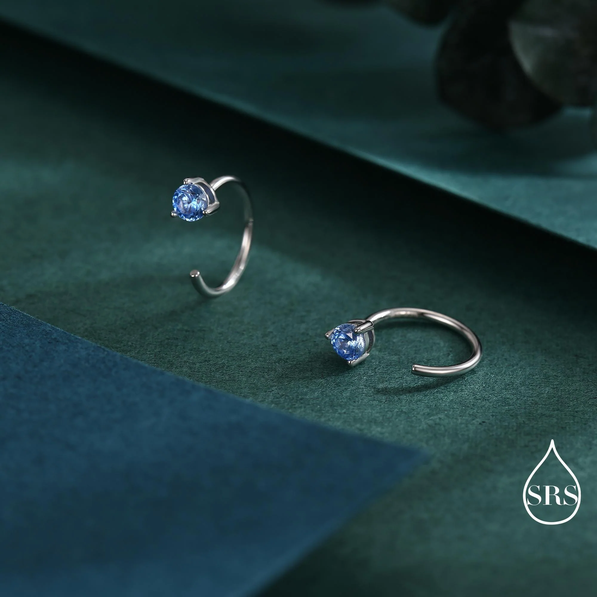 Aquamarine Blue CZ Crystal Huggie Hoop Earrings in Sterling Silver, 3mm Three Prong, Pull Through Open Hoops, March Birthstone - Image 3