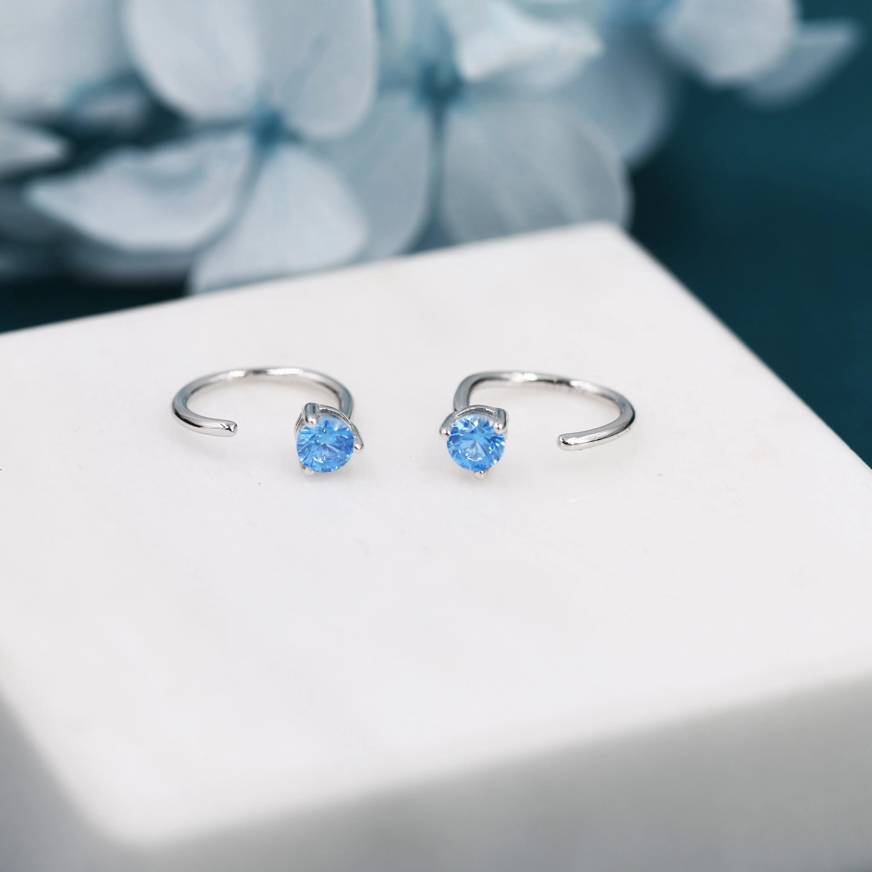 Aquamarine Blue CZ Crystal Huggie Hoop Earrings in Sterling Silver, 3mm Three Prong, Pull Through Open Hoops, March Birthstone - Image 8