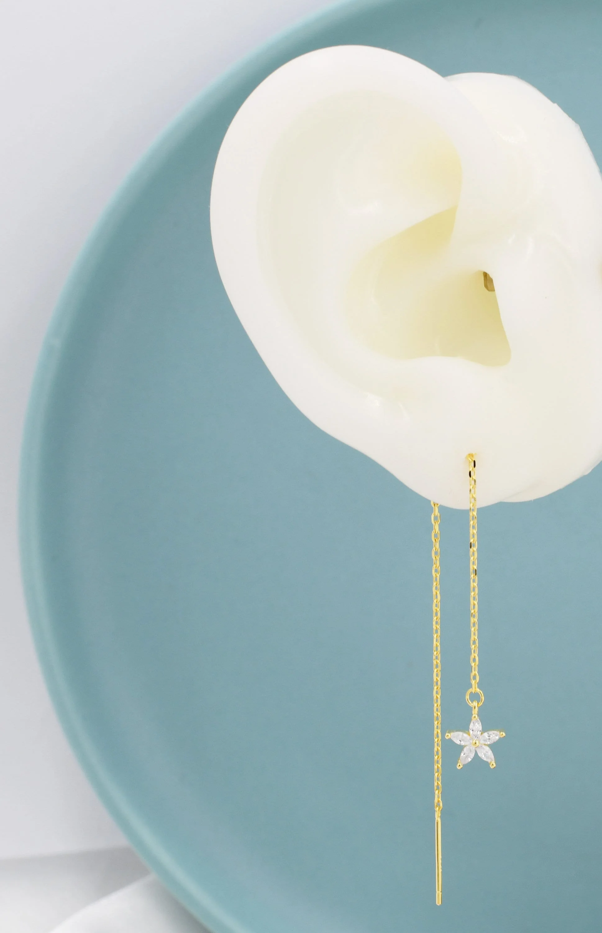 Aquamarine Blue CZ Flower Threader Earrings in Sterling Silver, Silver or Gold, Forget-me-not Floral Ear Threaders, Sparkly CZ Threaders - Image 8