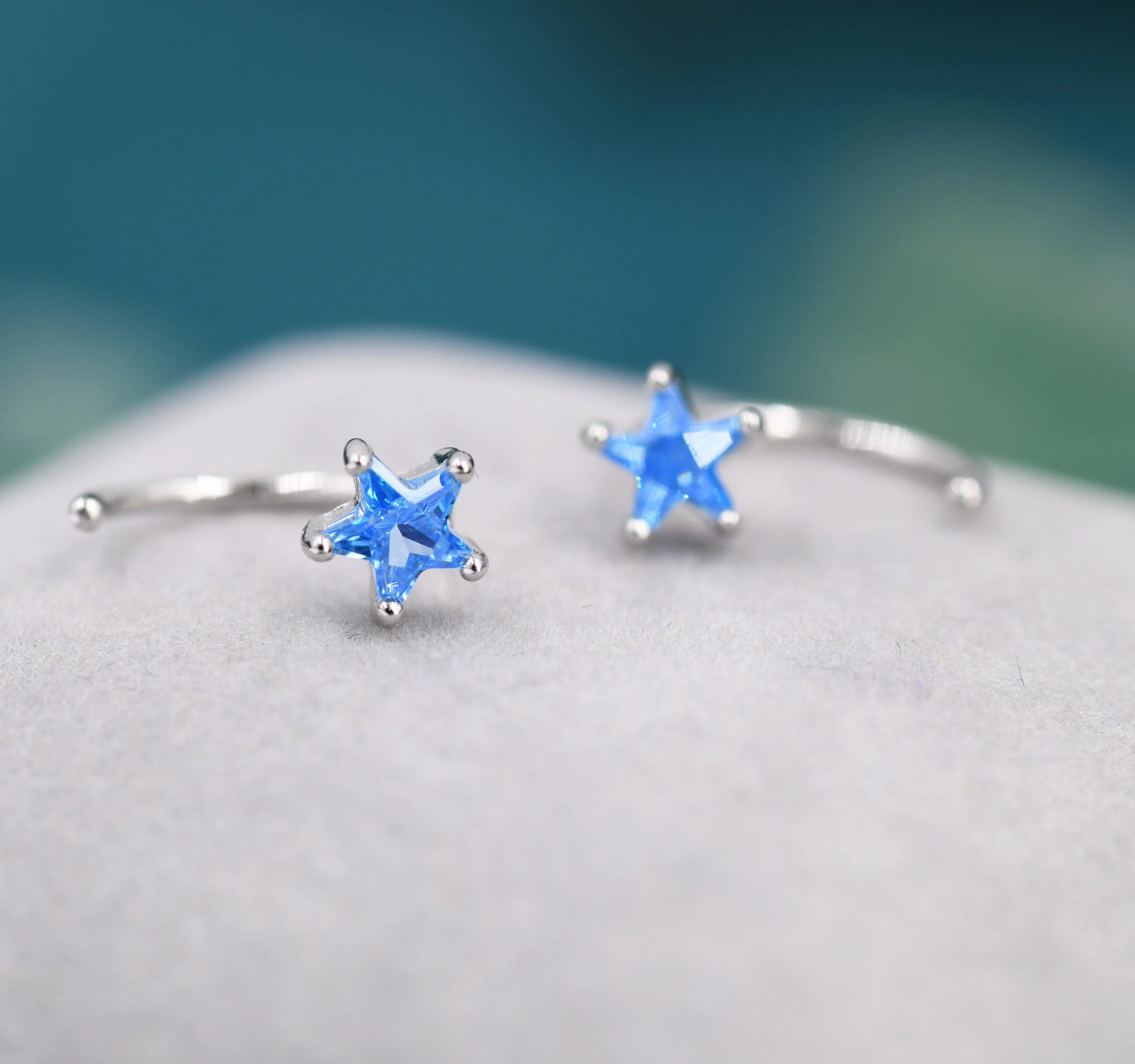 Aquamarine Blue CZ Star Huggie Hoop Earrings in Sterling Silver, Tiny Blue Star CZ Trio Open Hoops, Pull Through Threaders, Half Hoops - Image 5