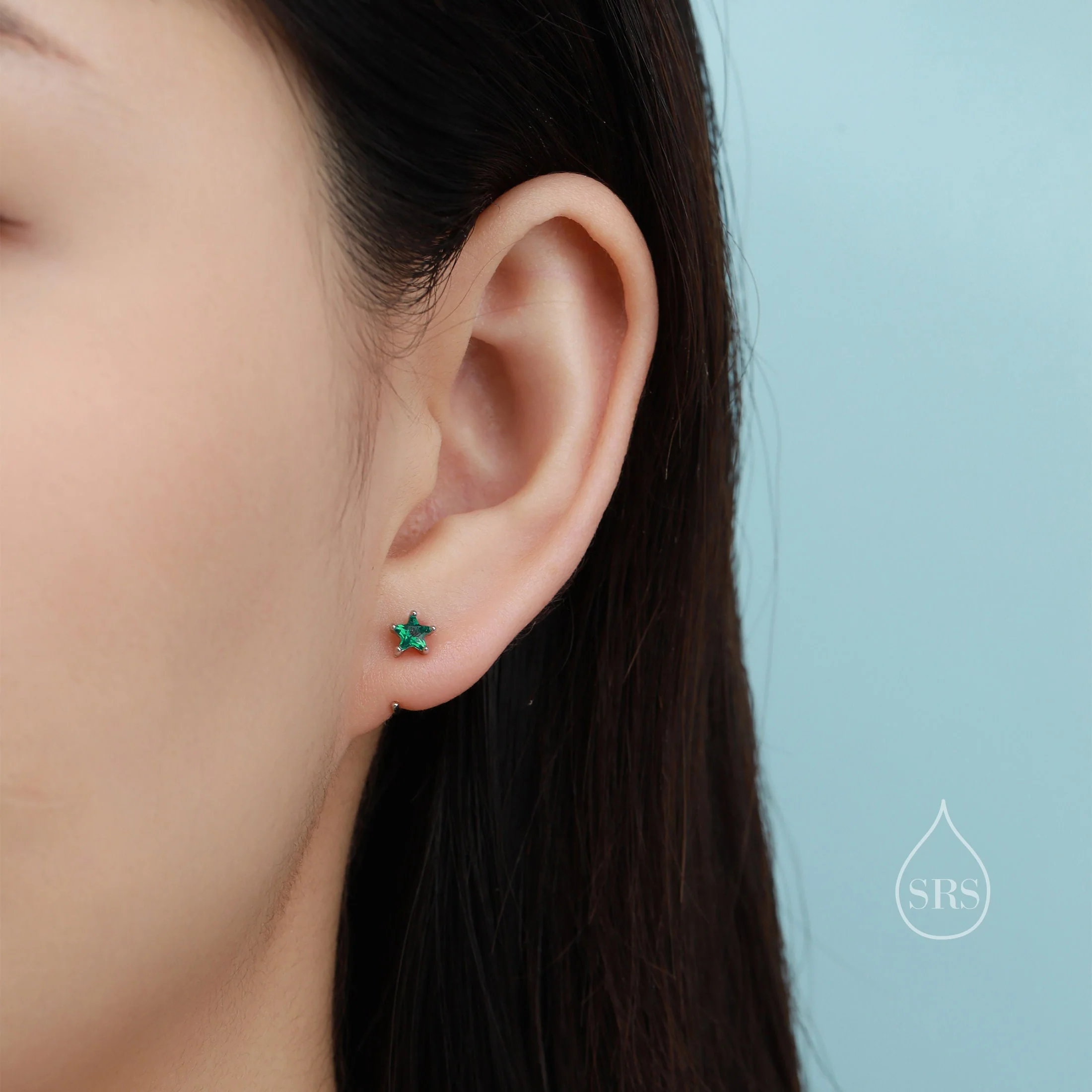 Aquamarine Blue CZ Star Huggie Hoop Earrings in Sterling Silver, Tiny Blue Star CZ Trio Open Hoops, Pull Through Threaders, Half Hoops - Image 9