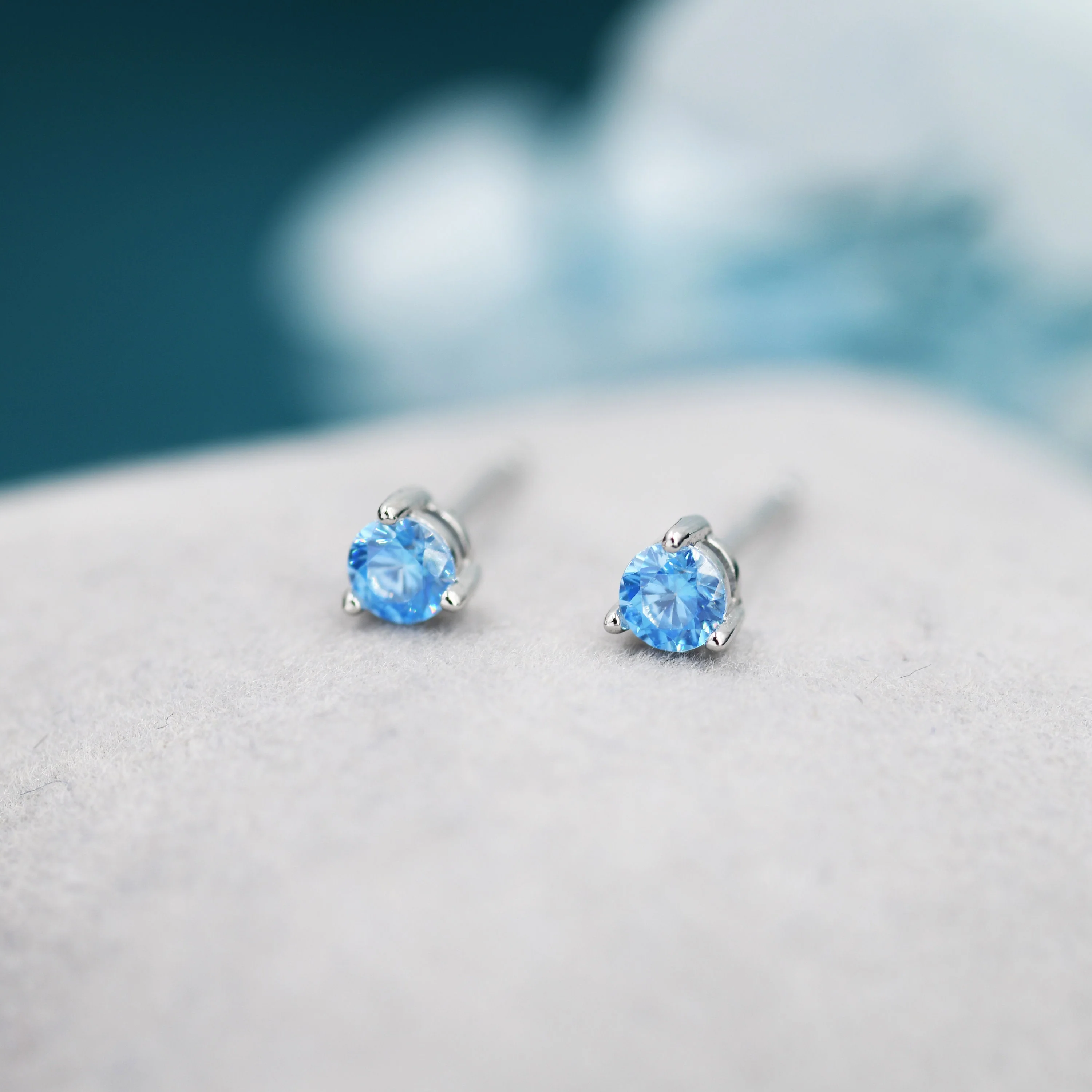 Aquamarine Blue CZ Stud Earrings in Sterling Silver, 3mm, Three Prong, Blue Stacking Earrings - Image 4