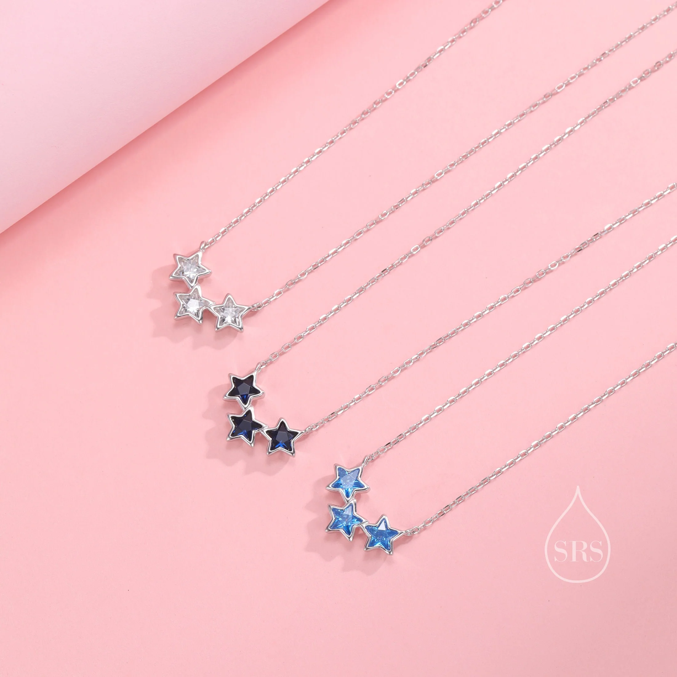 Aquamarine Blue CZ Triple Star Pendant Necklace in Sterling Silver, Silver or Gold, Three Star Crystal Necklace, Minimal Star Pendant - Image 8