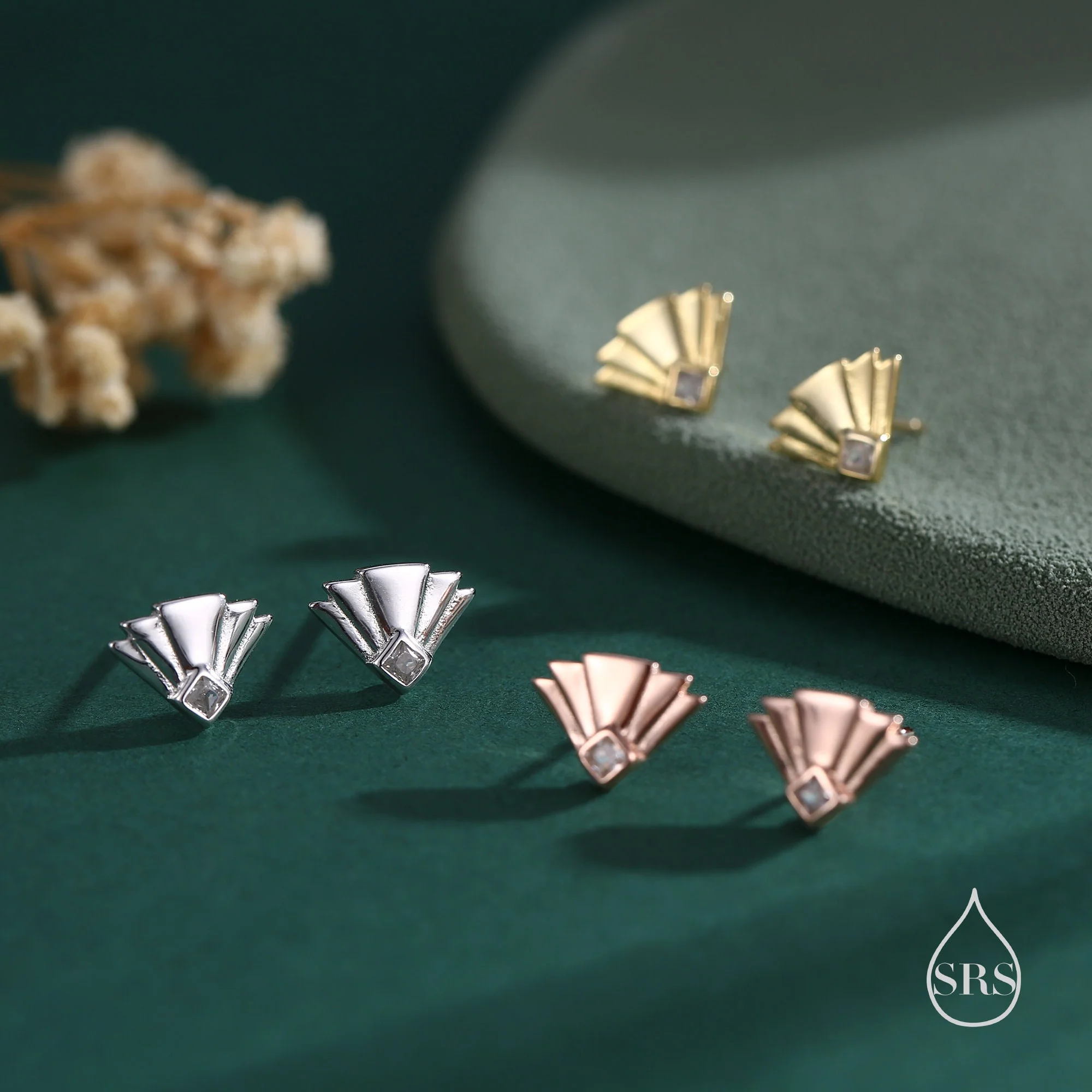 Art Deco Inspired Small Sun Ray Stud Earrings in Sterling Silver, Black CZ, Silver or Gold or Rose Gold, Tiny Art Deco Style Earrings - Image 7