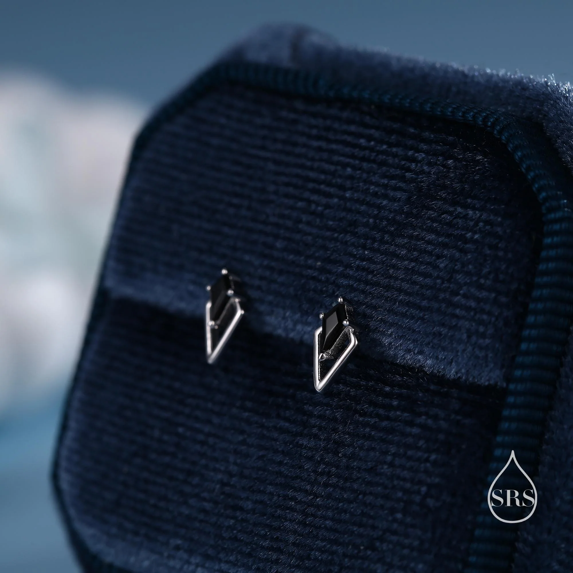 Art Deco Inspired Tiny Rhombus Black CZ Stud Earrings in Sterling Silver, Silver or Gold or Rose Gold, Tiny Triangle Rhombus Earrings - Image 3
